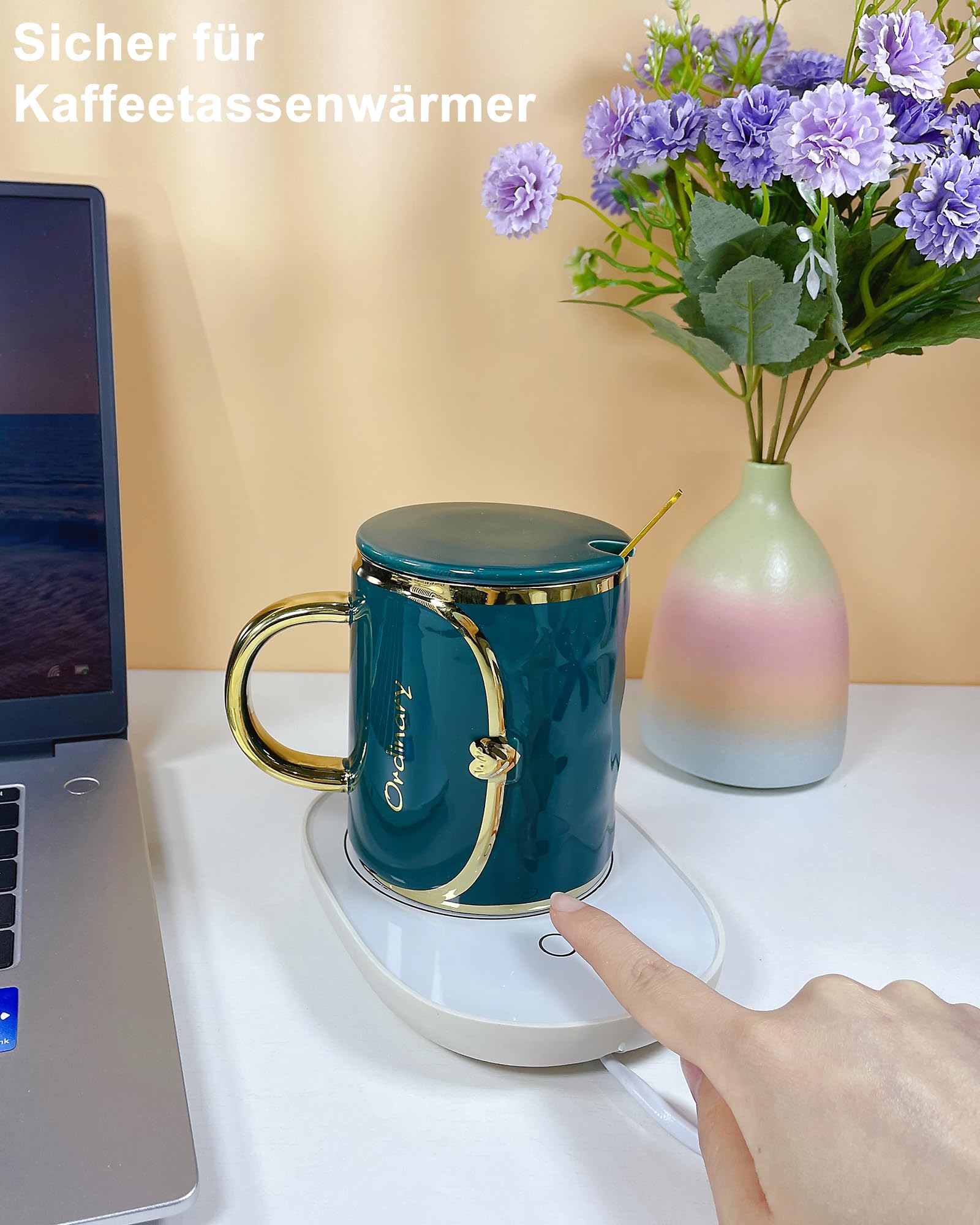 SISETOP Tazza A Forma Di Borsa 400 Ml In Porcellana Con Coperchio E Cucchiaio Dorato - Regalo Per Donna, Mamma, Compleanno, Natale - Bianco