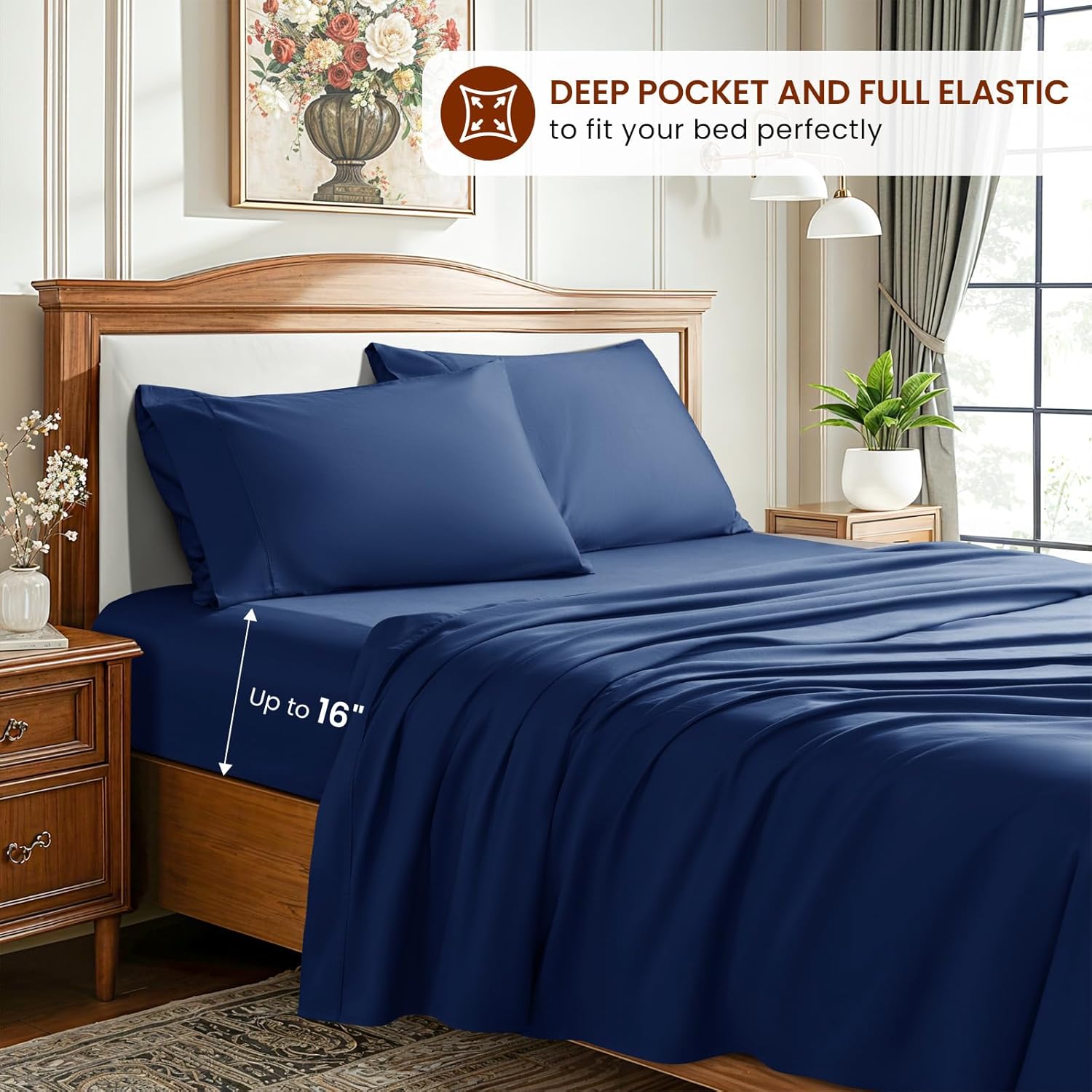 LBRO2M 1500 Thread Count Sheets 100% Egyptian Cotton Sheets Set 16 Inches Deep Pocket Queen Size Bedding 4 Pcs Sets (Queen, Navy Blue)