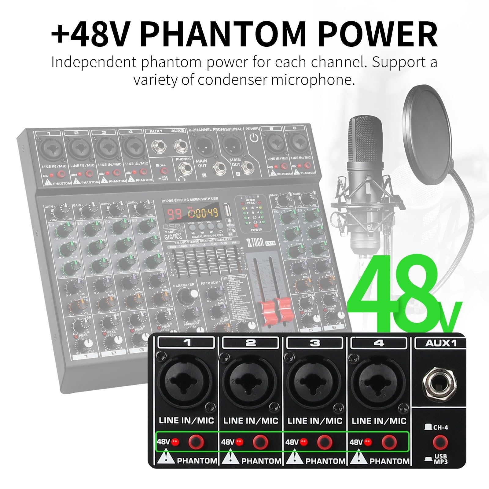 Table de mixage audio, Mélangeur audio professionnel 6/8 canaux avec 99 effets DSP, égaliseur 7 bandes, alimentation fantôme 48 V