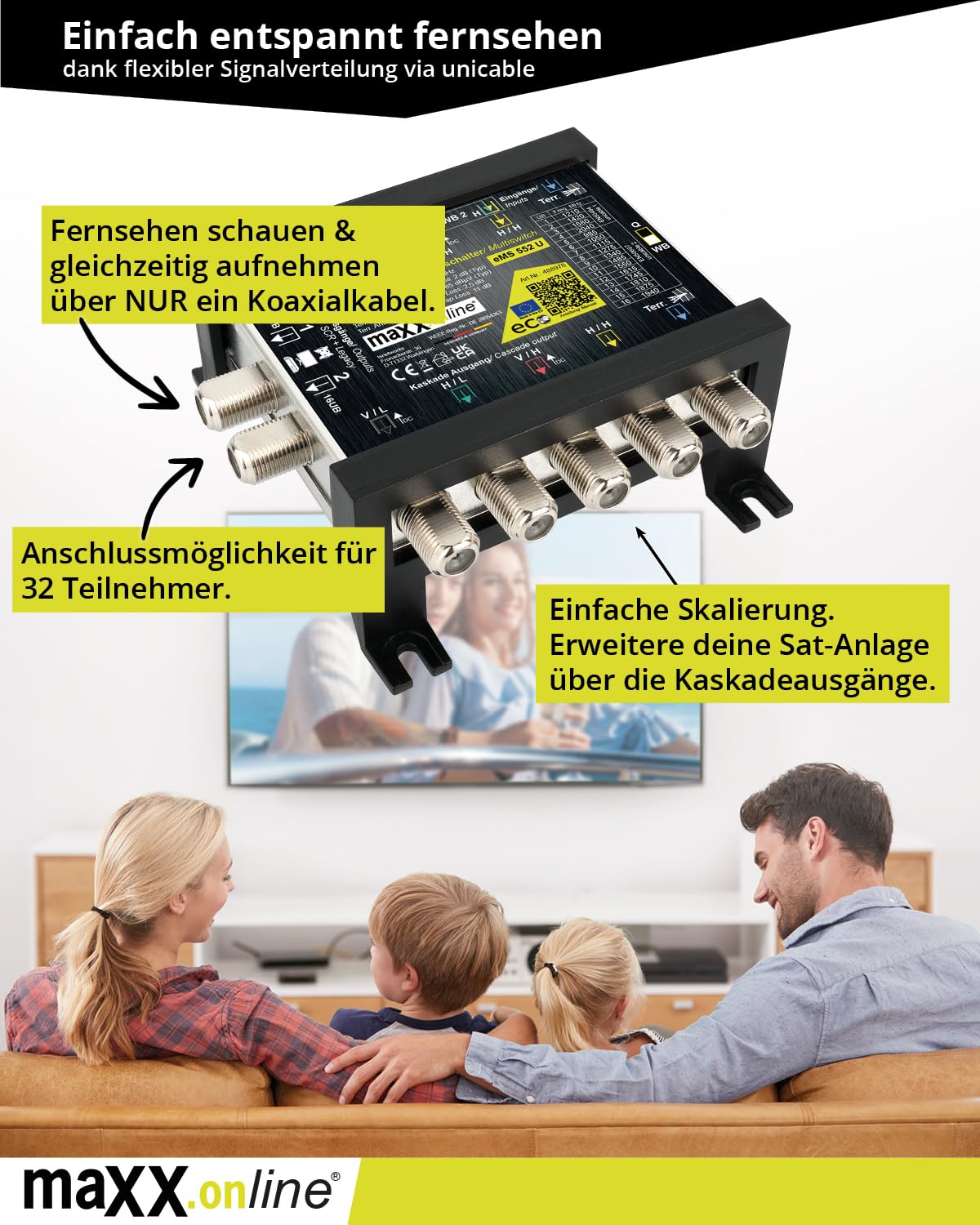 unicable Multischalter Einkabelsystem für 1-2 Satelliten & 32 Teilnehmer inkl. 18V F-Stecker Netzteil, Einkabel-Multischalter kaskadierbar