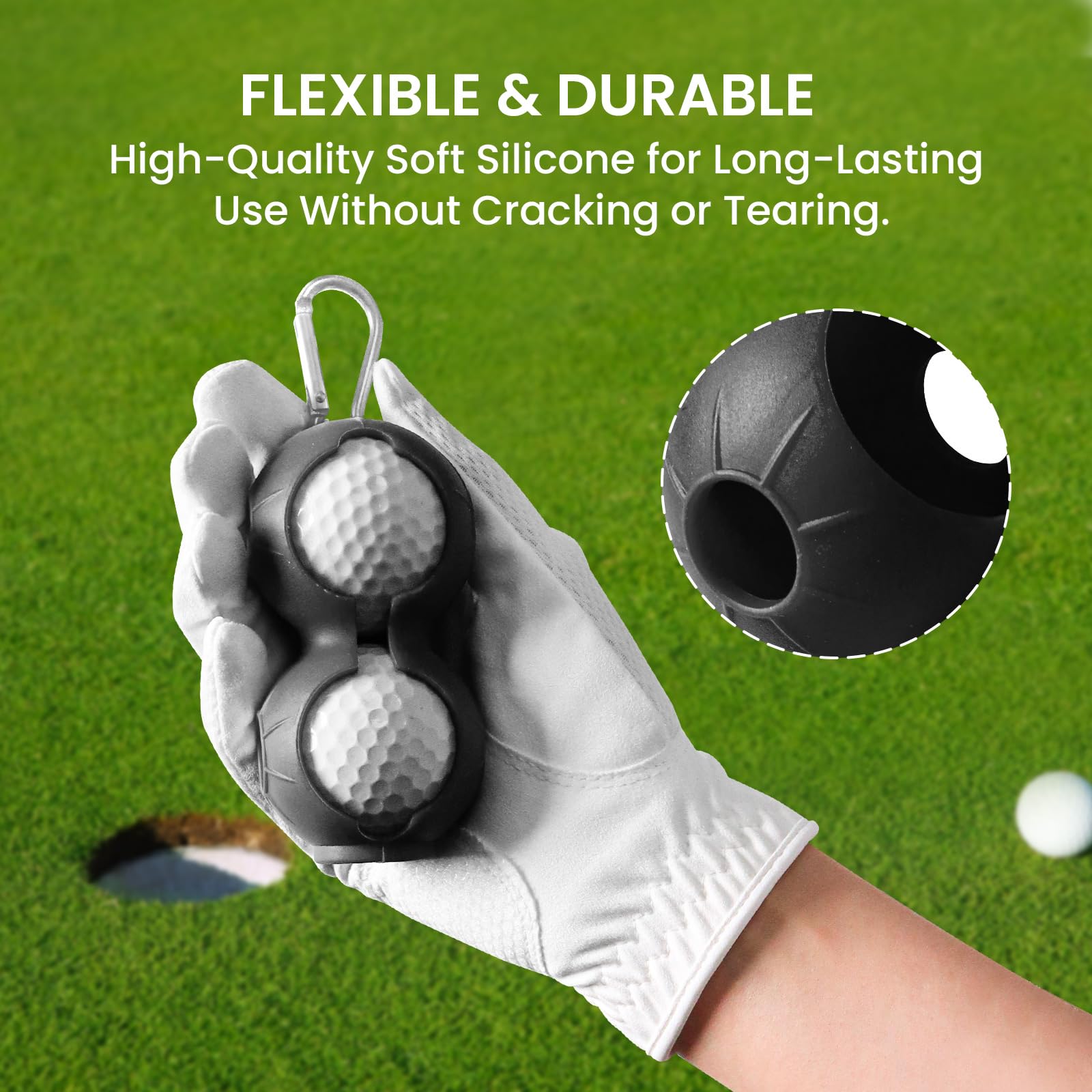 Golf Ball Holder Silicone and Tees Holder Leather Value 2 Pack Set with 7 USA Flag Tee 3 1/4 Inch, Attachable to Golf Carry Bag Belt Gifts Accessories (2 Pack in Black)
