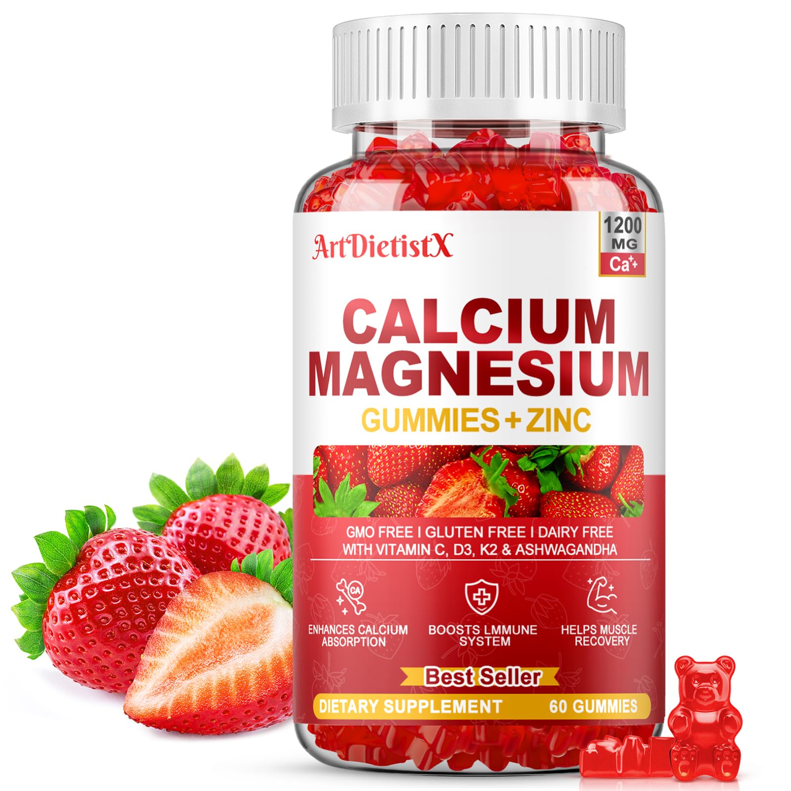 Calcium Magnesium Zinc Gummies with Vitamin D3 for Adults, Calcium Citrate 1200mg with K2, Boron, Copper and Ashwagandha, Absorption Calcium