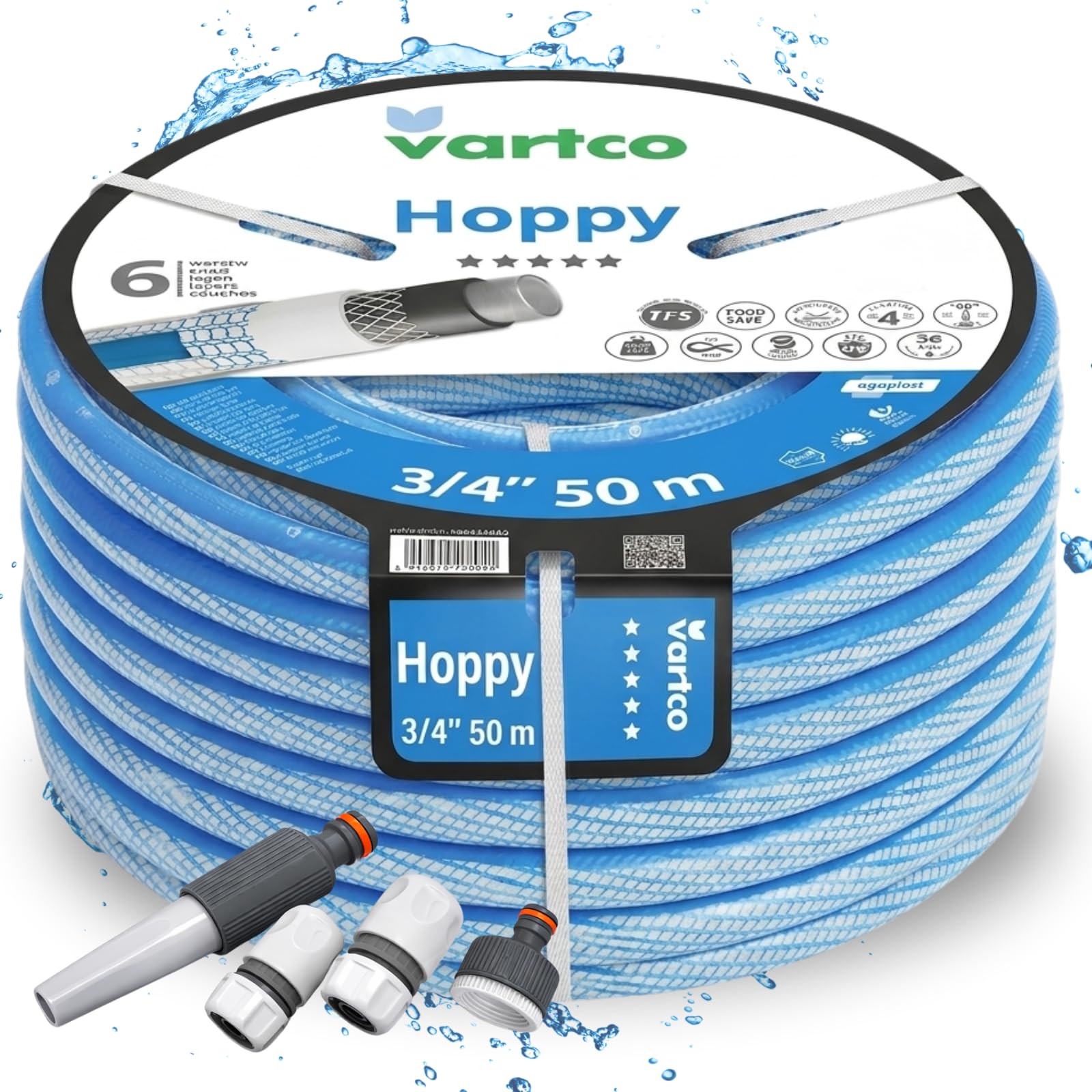 3/4 Zoll 50m Premium Gartenschlauch mit Anschlusssatz – 6-lagig TFS Anti-Knick-System flexibel & robust hoher Durchfluss UV-beständig algenresistent -25°C bis +60°C