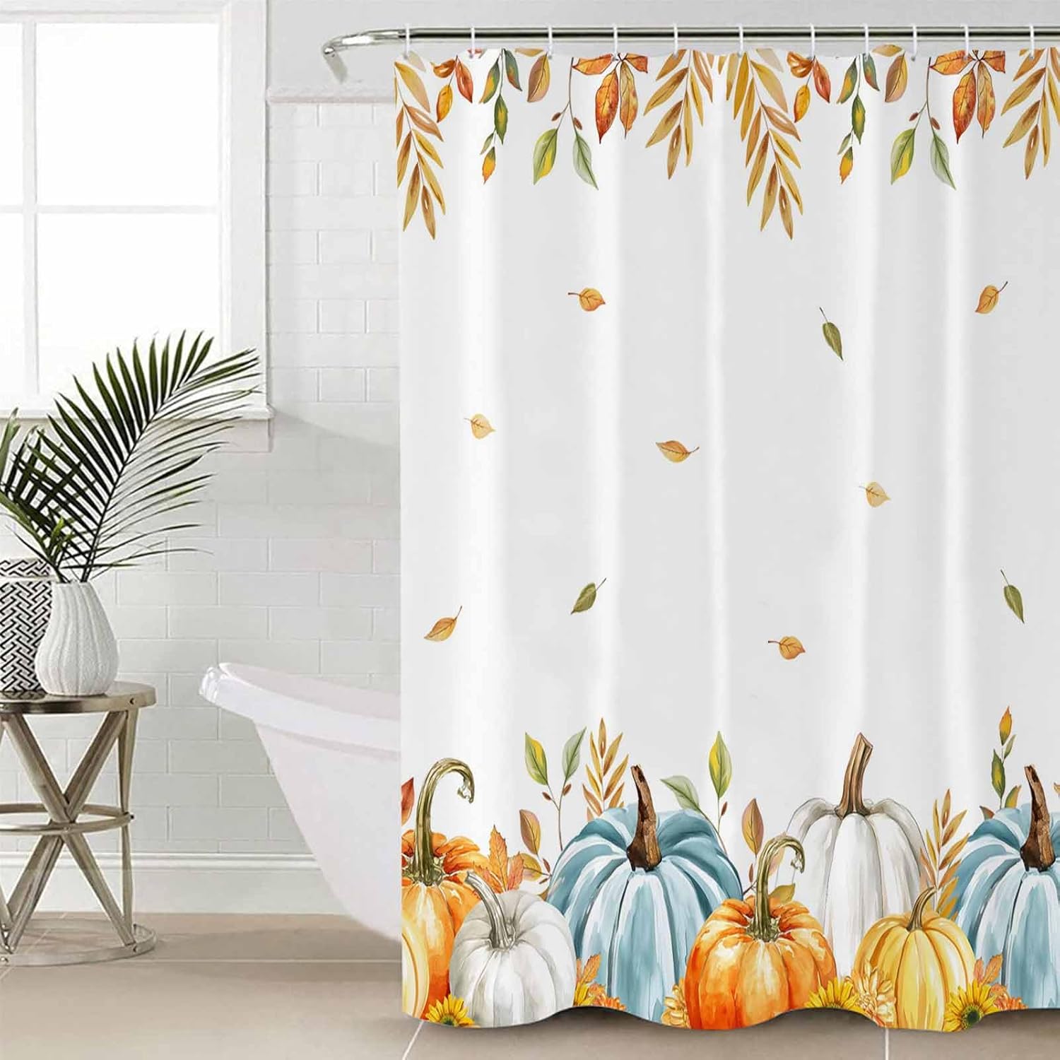 Fall Thanksgiving Shower Curtain Set - 66" x 72" Washable Bathtub Curtain with 12 Hooks, Orange Teal Grey Pumpkin Fall Maple Leaf Waterproof Fabric Stall Shower Curtains for Bathroom/Bathtub Décor