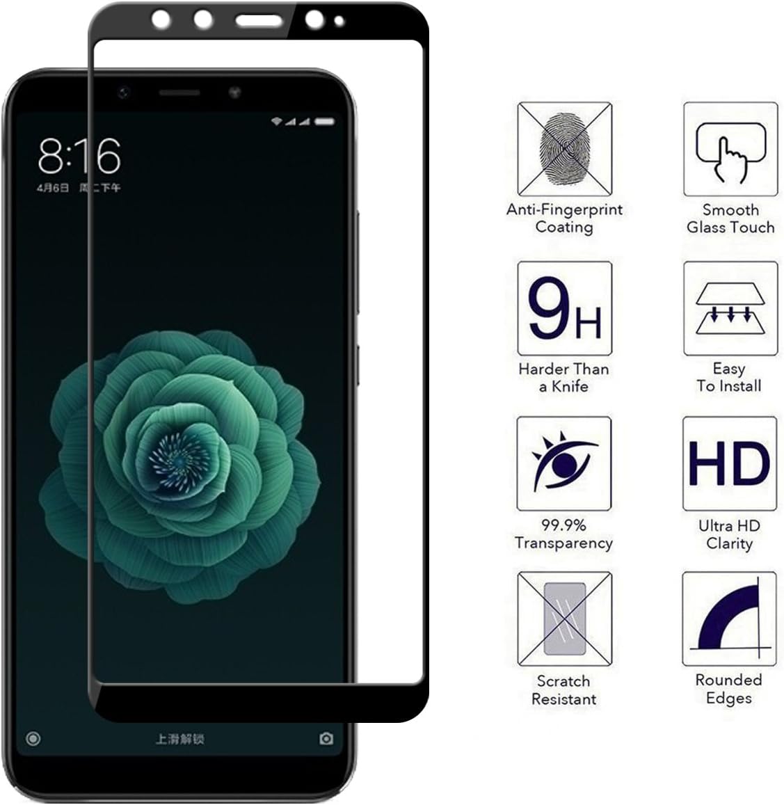 Orzero (2 Pack) for Xiaomi Mi 6X, Xiaomi Mi A2 Tempered Glass Screen Protector, 2.5D Arc Edges 9 Hardness HD Anti-Scratch Full-Coverage (Lifetime Replacement)
