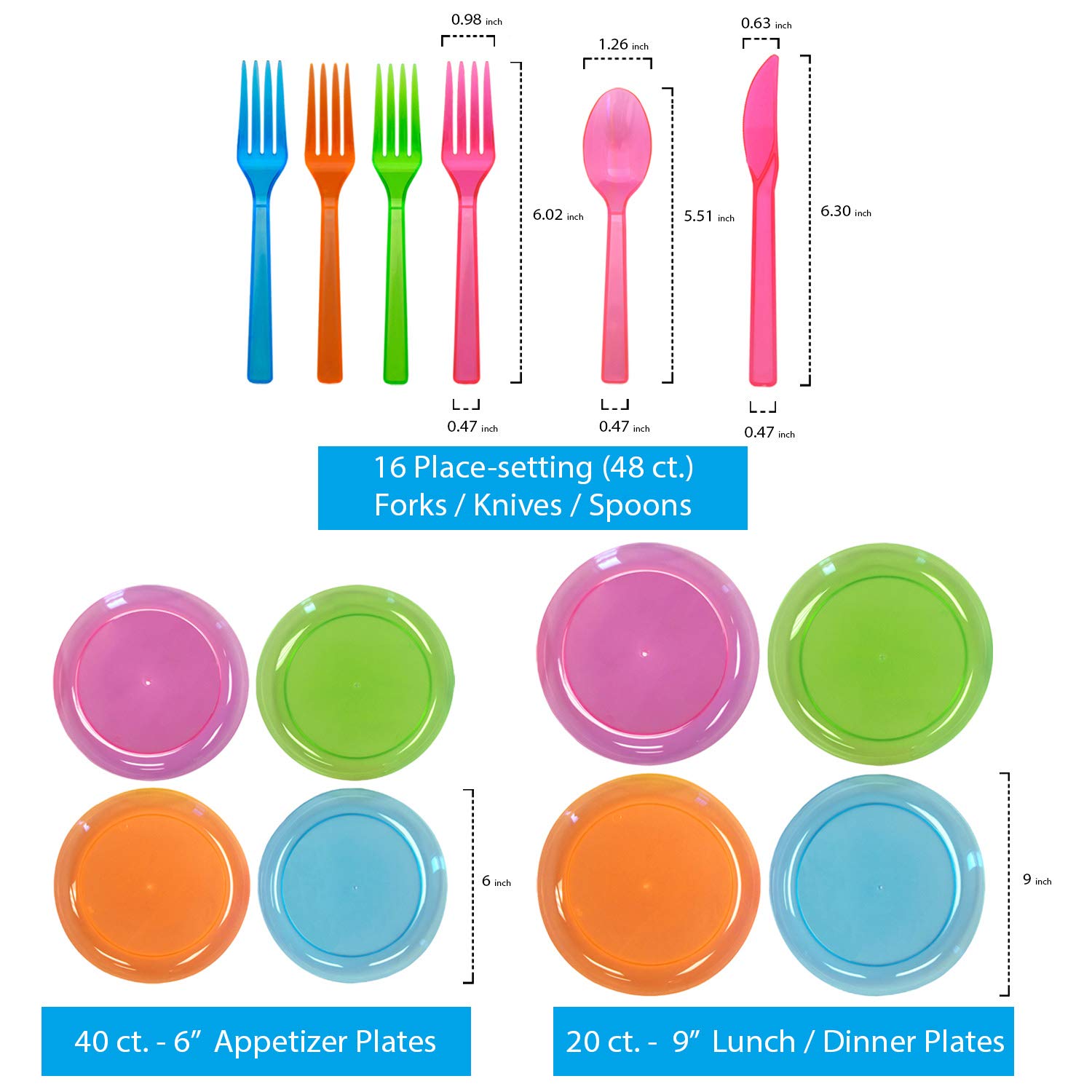 Party Essentials N265298 Party Supplies Set/Blacklight UV Glow In The Dark Kit, 9" Plates, 6" Plates, 10 Oz. Tumblers, 9 Oz. Tumblers, Cutlery, 158 Piece, Assorted Neon