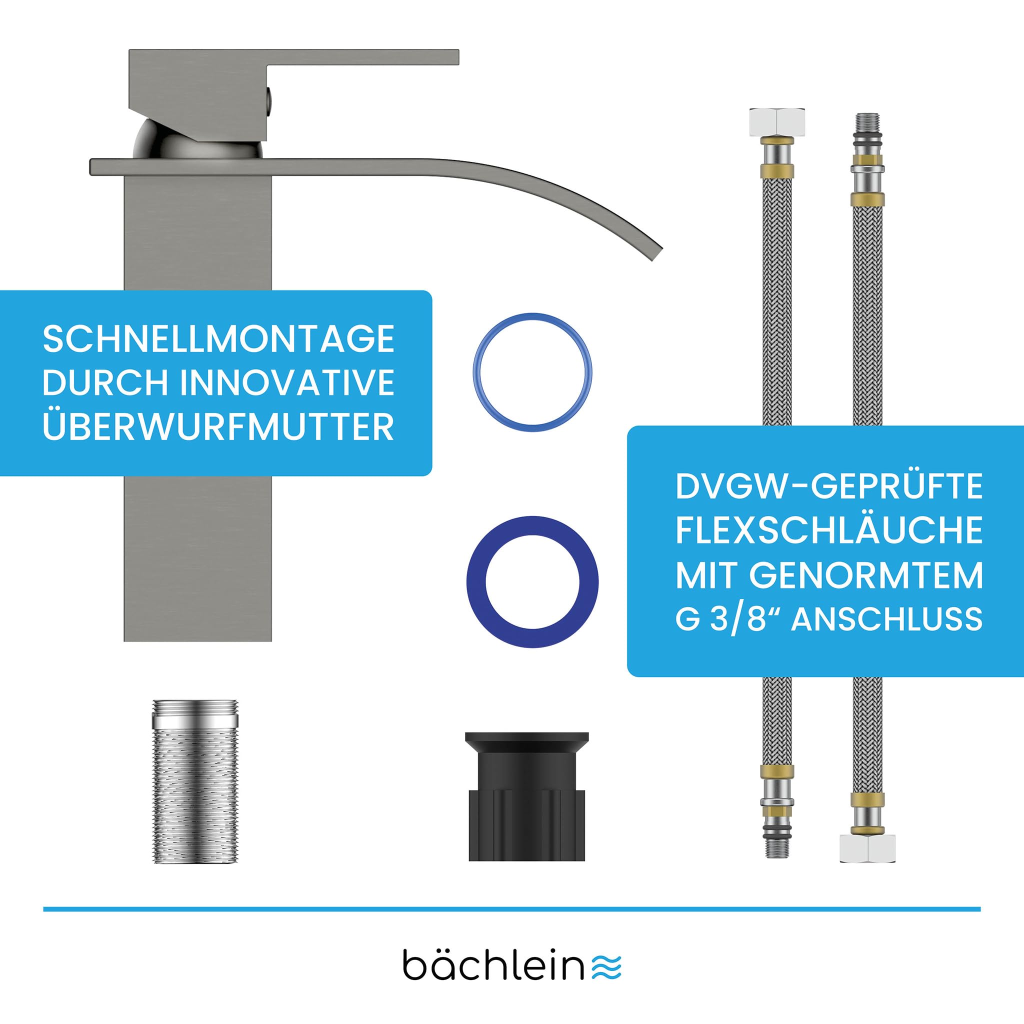 Bächlein Bateria łazienkowa Tamina w stylu wodospadu, jednouchwytowa bateria z trwałym wkładem ceramicznym i zestawem montażowym, bateria łazienkowa ze stali nierdzewnej