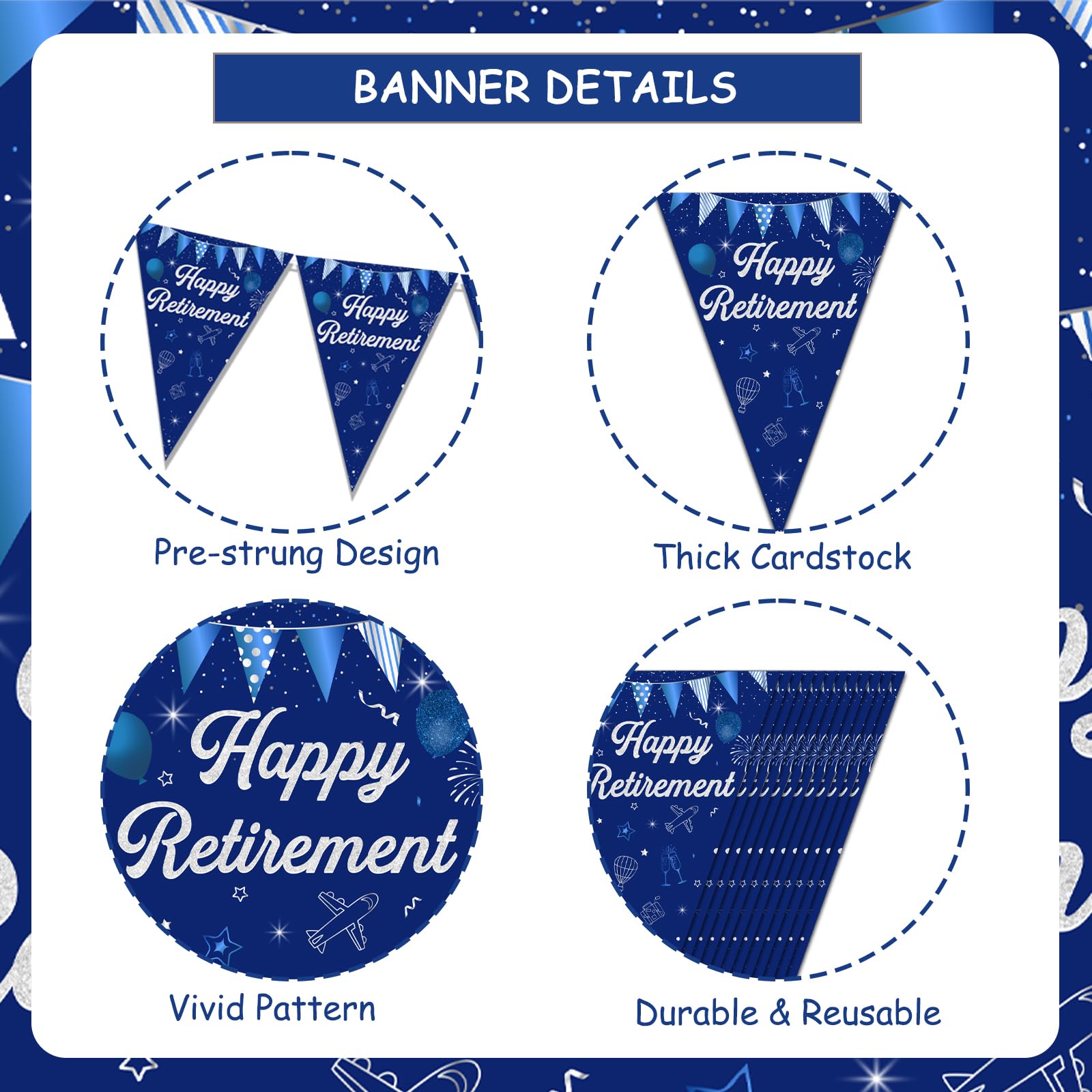 Blaue Ruhestands-Dekoration (3 Banner) – Dreieckige Flaggen, „Happy Retirement“, Für Abschiedsparty & Feier