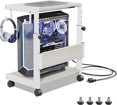 Computer Tower Stand, Height Adjustable from 44 to 59.5cm | 2-Tier PC Stand with Wheels & 2 Hooks, CPU Holder Cart, PC Trolley for Gaming Home Office ATX Case, Small White