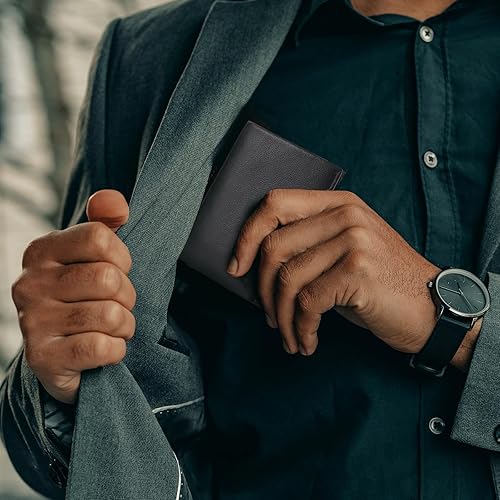 Miniatura 6 de ElifeAcc Billetera plegable delgada de cuero para hombre de mayor capacidad con bloqueo RFID, Negro -, Minimalista