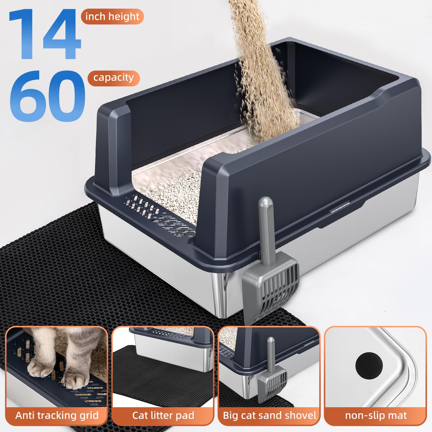 XXXL Extra Large Stainless Steel Litter Box, 28" L x 20" W x 14" H Super Large Stainless Steel Litter Box, Suitable for Large Cats and Multiple Cats, Non-Sticky, Anti-Leakage, Easy to Clean - image 8