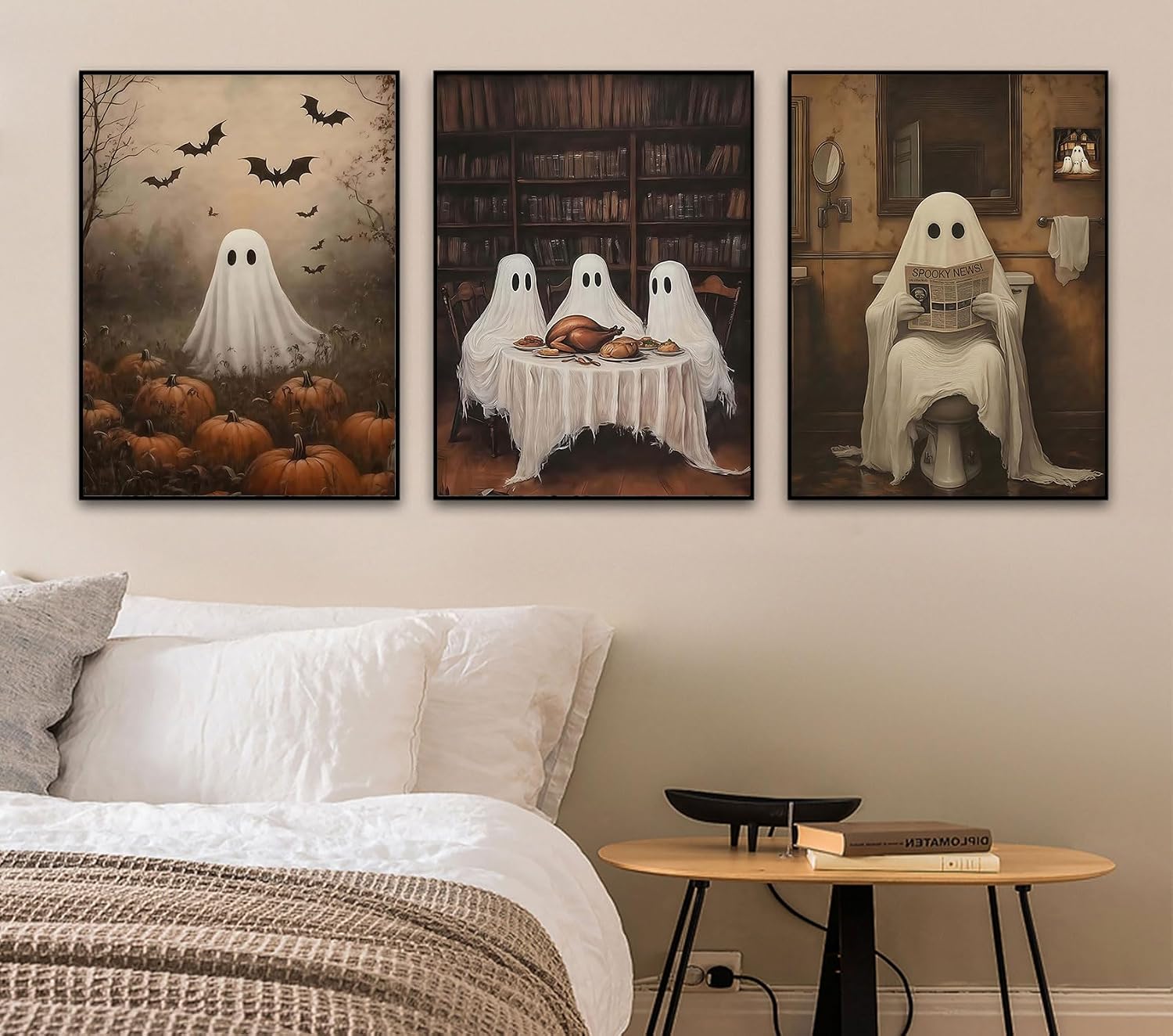 RERNIE Set of 3 Halloween Ghost Canvas Wall Art – Funny Bathroom Wall Decor, Gothic, Spooky Ghost Pictures, Dark Academia Horror Canvas Prints, Bathroom Wall Art Decorations 12x16 Inch Unframed image 3