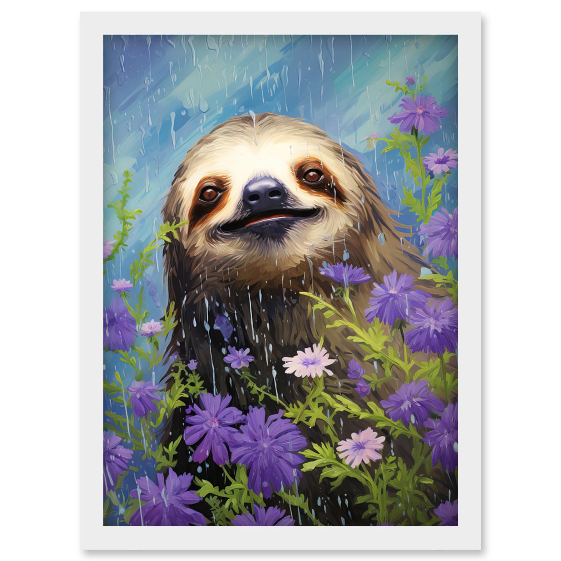 Artery8 Carefree Sloth in a Field of Lavender Daisies Oil Painting Enjoying the Spring Rain Kids Bedroom Artwork Framed Wall Art Print A4