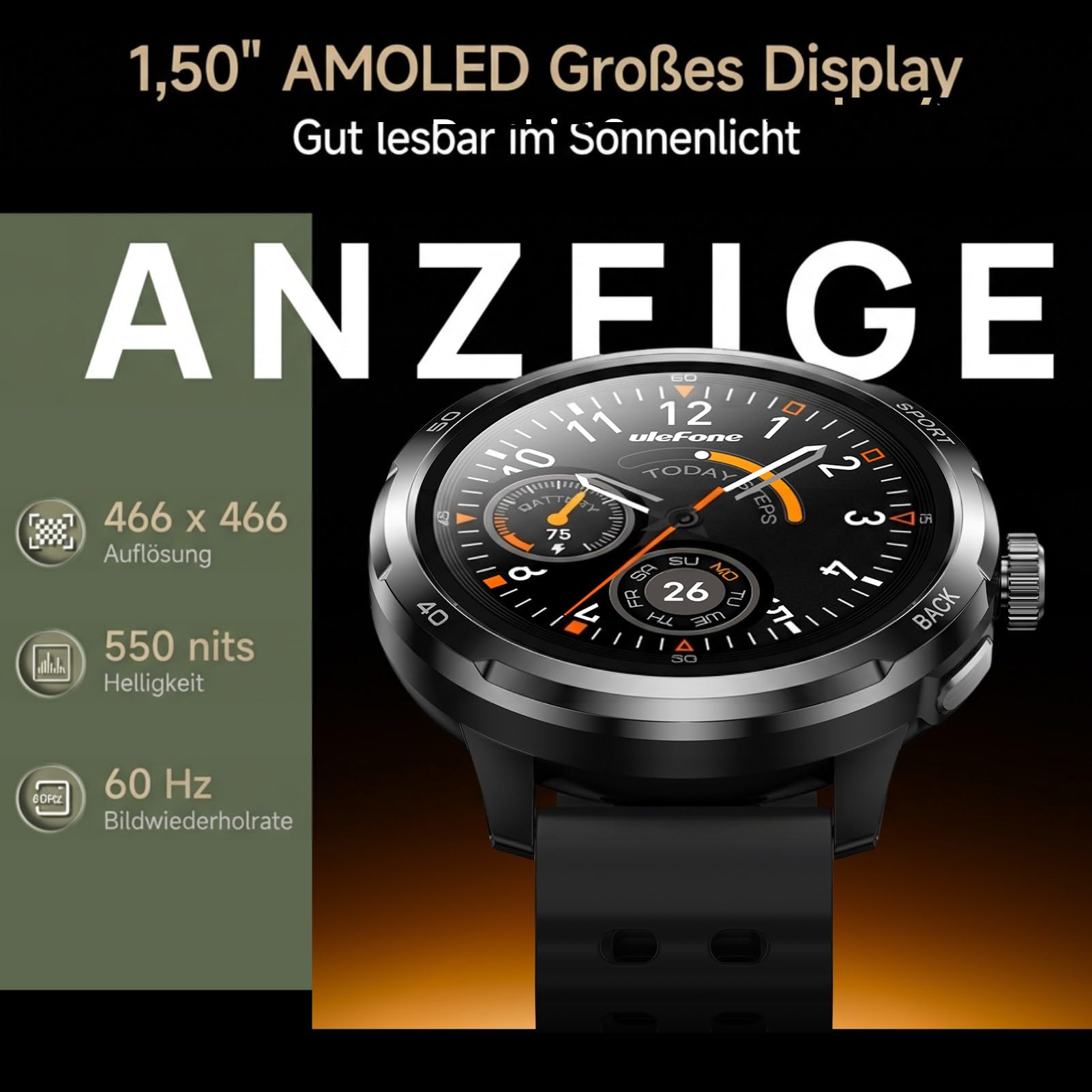 Ulefone Armor Watch Pro Smartwatch Herren,IP68 Militär Wasserdicht Fitnessuhr mit GPS/Kompass/ChatGPT/Bluetooth Anrufe,Sportuhr 100+ Sportmodi, 24/7 Herzfrequenz,Schlafmonitor für Android IOS