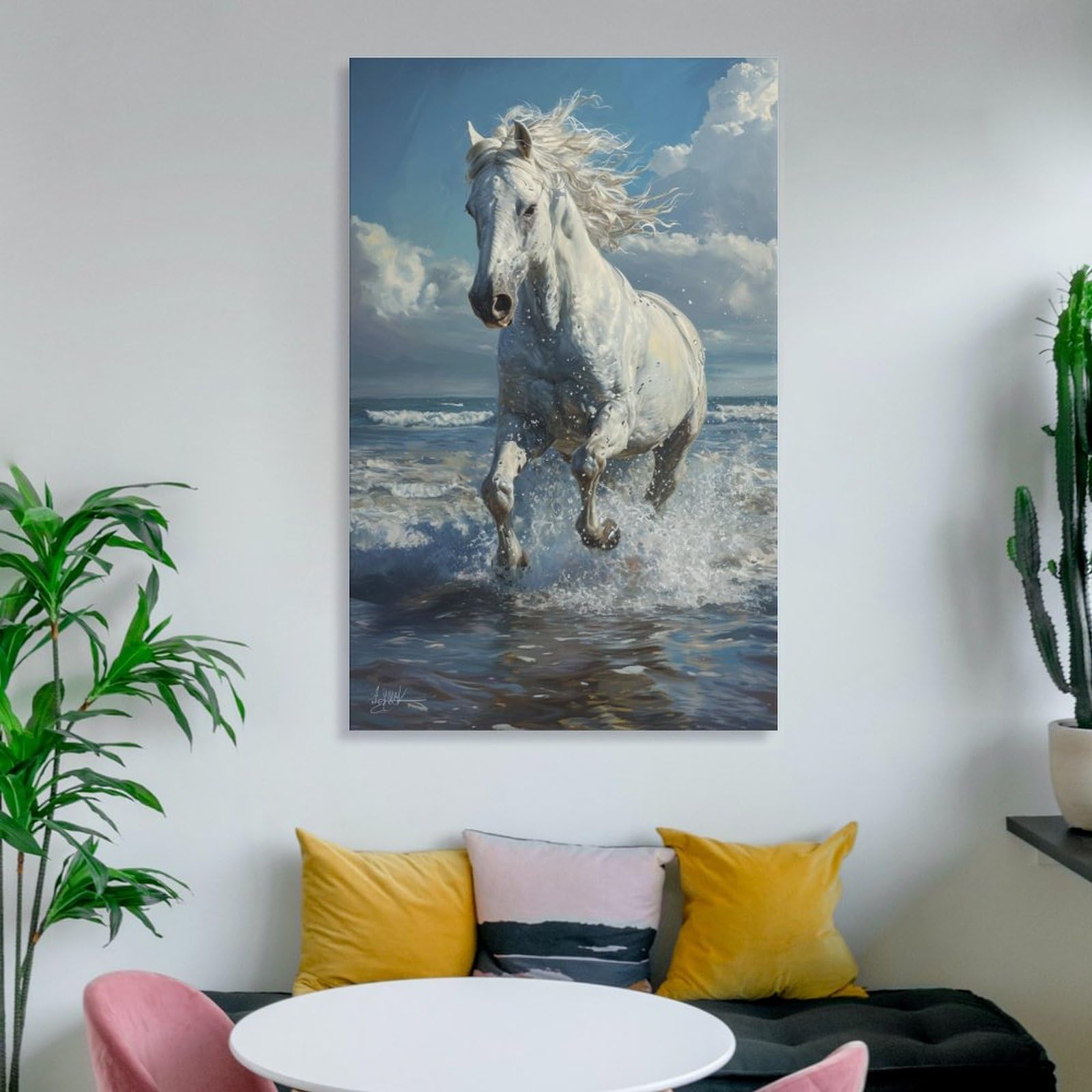 Amazon.co.jp: 絵画 浜辺を走る白い馬 アートパネル ポスター 動物