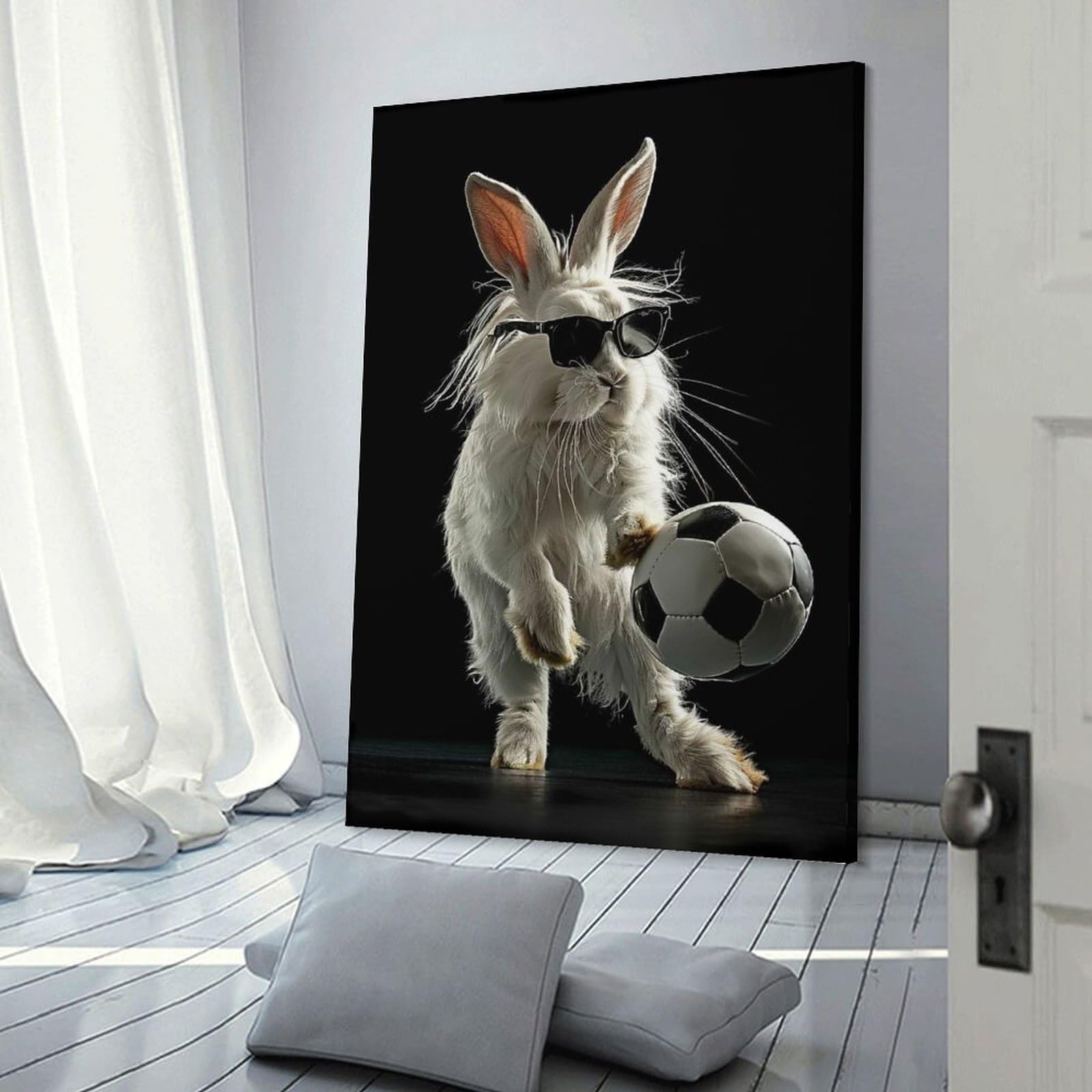 Junmoney Frame-Style-19-1 Room Decor Wall Art Cool Bunny With Soccer Ball, 16X24inch(40X60cm), For Office Decor, Home Working Or Creative Rooms, An Interior Accent For Desk Areas