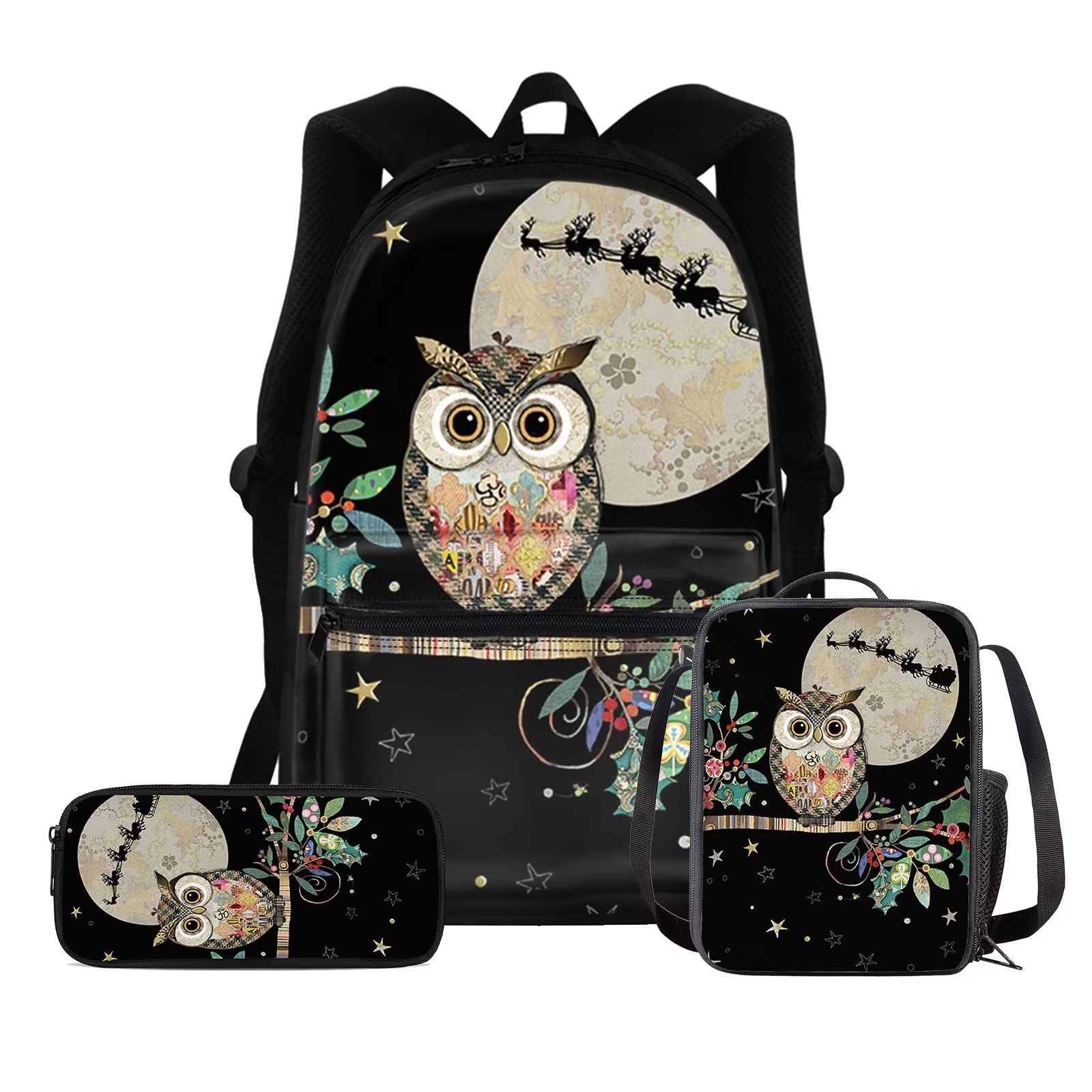 DISNIMO Bolsas escolares de gran capacidad, lonchera + estuche para lápices, 3 en 1, Búho Crtón