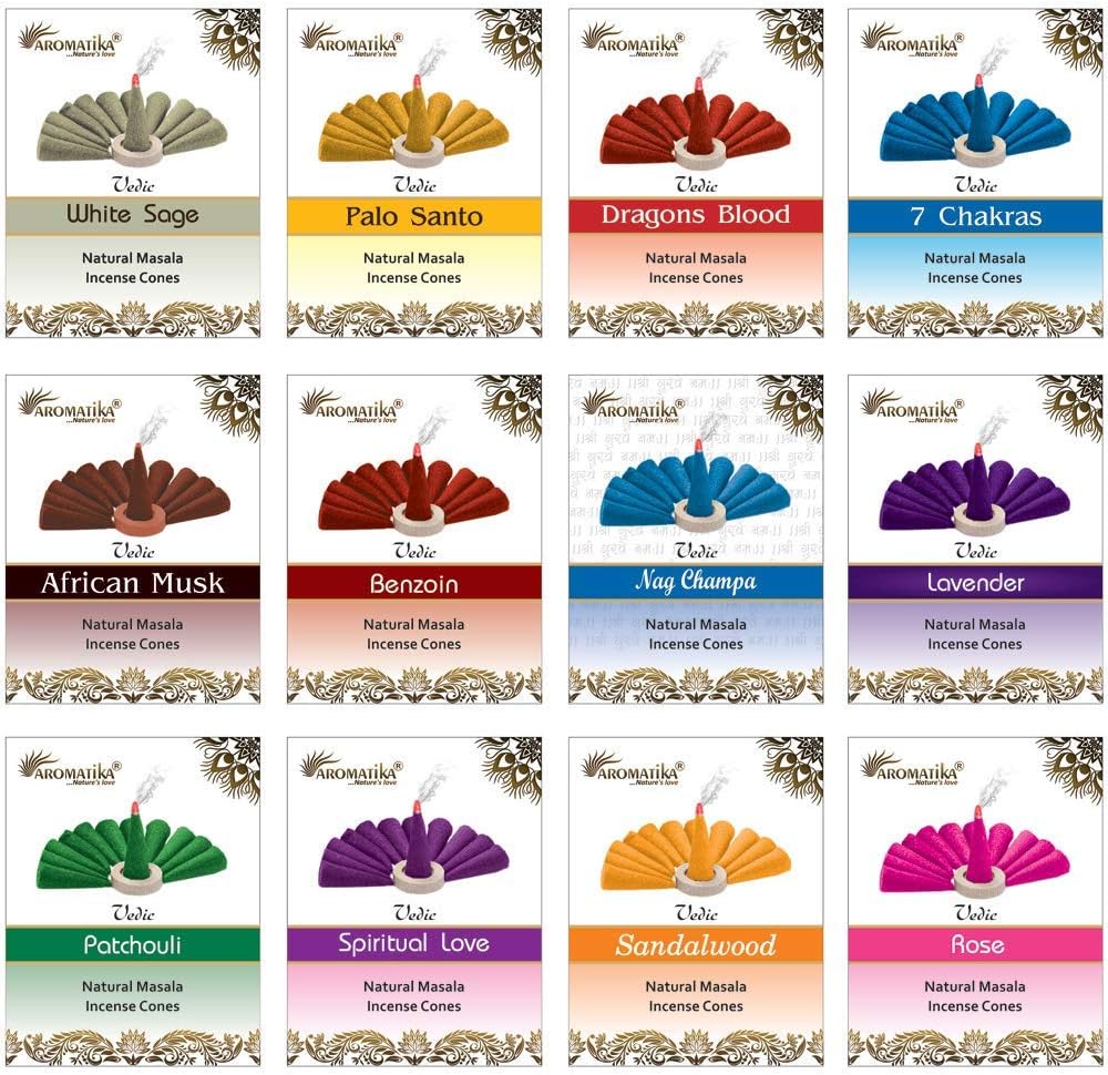 Vedic Natural Masala Incense Cones 12 assorted fragrance total-120 pcs (Sandalwood, Rose, 7Chakra, White Sage, Palo santo, Patchouli, African Musk, Dragons blood, Lavender,Benzoin)