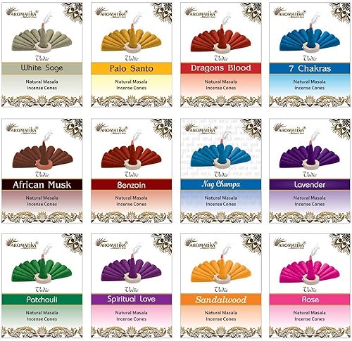ARO VATIKA Vedic Natural Masala 120 conos de incienso en paquete de 12 cajas | 12 fragancias surtidas conos Dhoop | Lo mejor para oración, reiki,