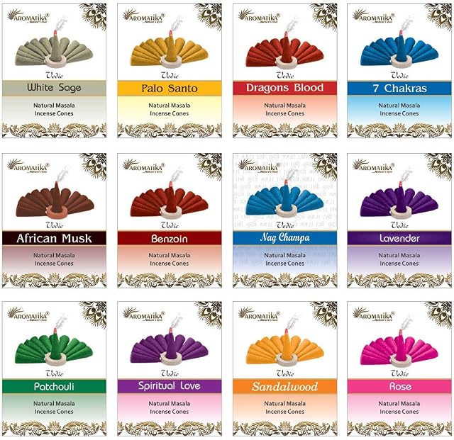 ARO VATIKA Vedic Assorted Natural Masala Incense Cones (Sandalwood, Rose, 7Chakra, White Sage, Palo Santo, Patchouli, African Musk, Dragons Blood, Lavender, Benzoin, Nag Champa, Spiritual Love)