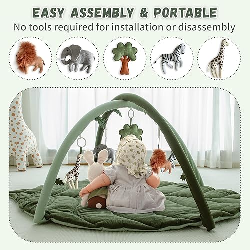 Miniatura 4 de Gimnasio de juegos para bebés con tapete en forma de hoja, tapete de juego para bebé con 5 juguetes colgantes, tapete para el tiempo boca abajo,
