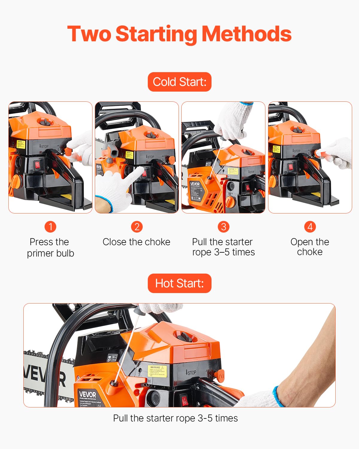 VEVOR Motosierra de Gasolina de 455 mm, Motosierra de Gasolina de 52 cc, 2,4 HP con Mango Antideslizante, Doble Depósito de Combustible, Ideal para Cortar Madera, Podar Árboles y Limpiar Terrenos
