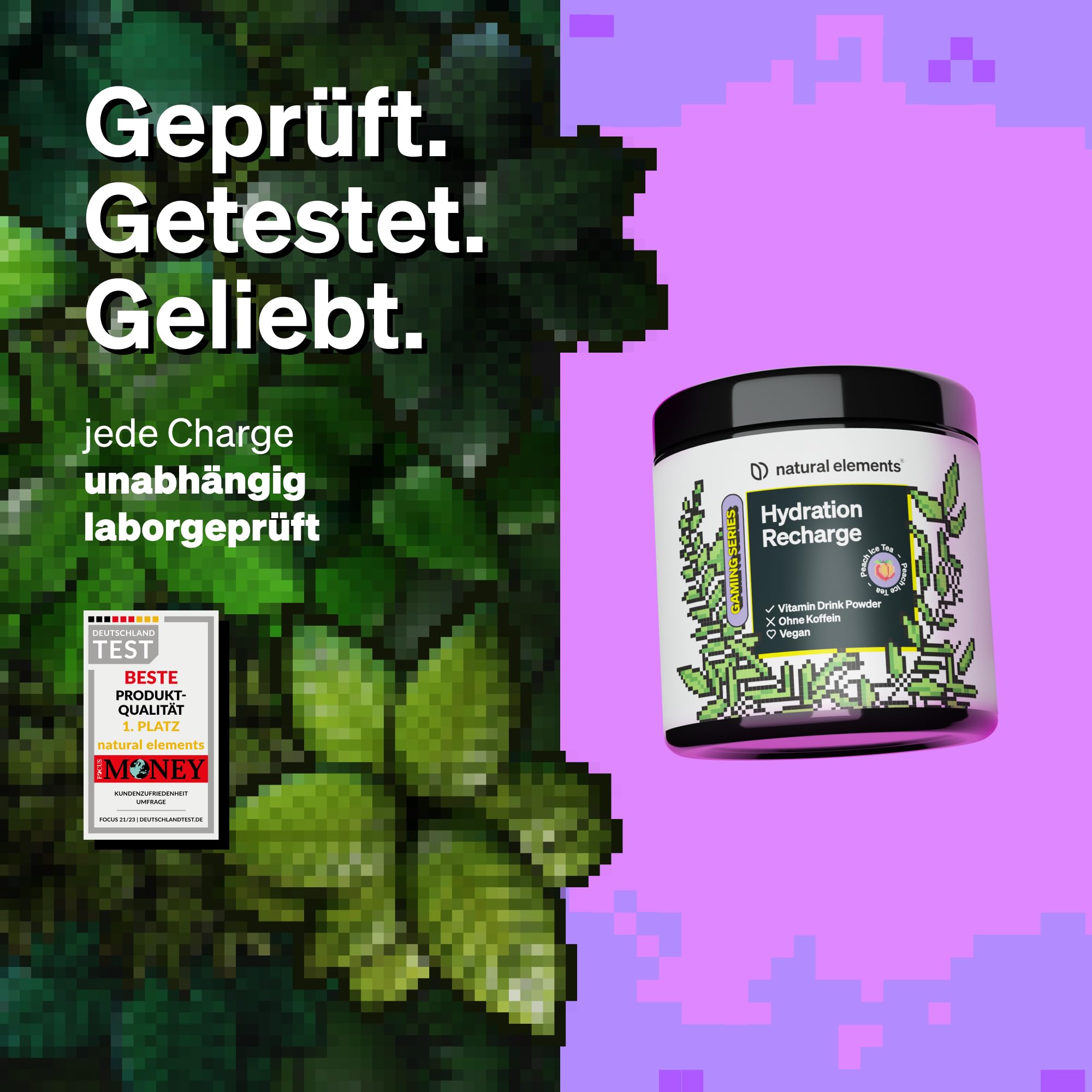 natural elements Hydration Recharge Peach Ice Tea – der Drink für Gamer – Elektrolyte Pulver & Vitamine – ohne Zucker, mit Stevia gesüßt – Getränkepulver zum Mixen – vegan, hochdosiert, laborgeprüft