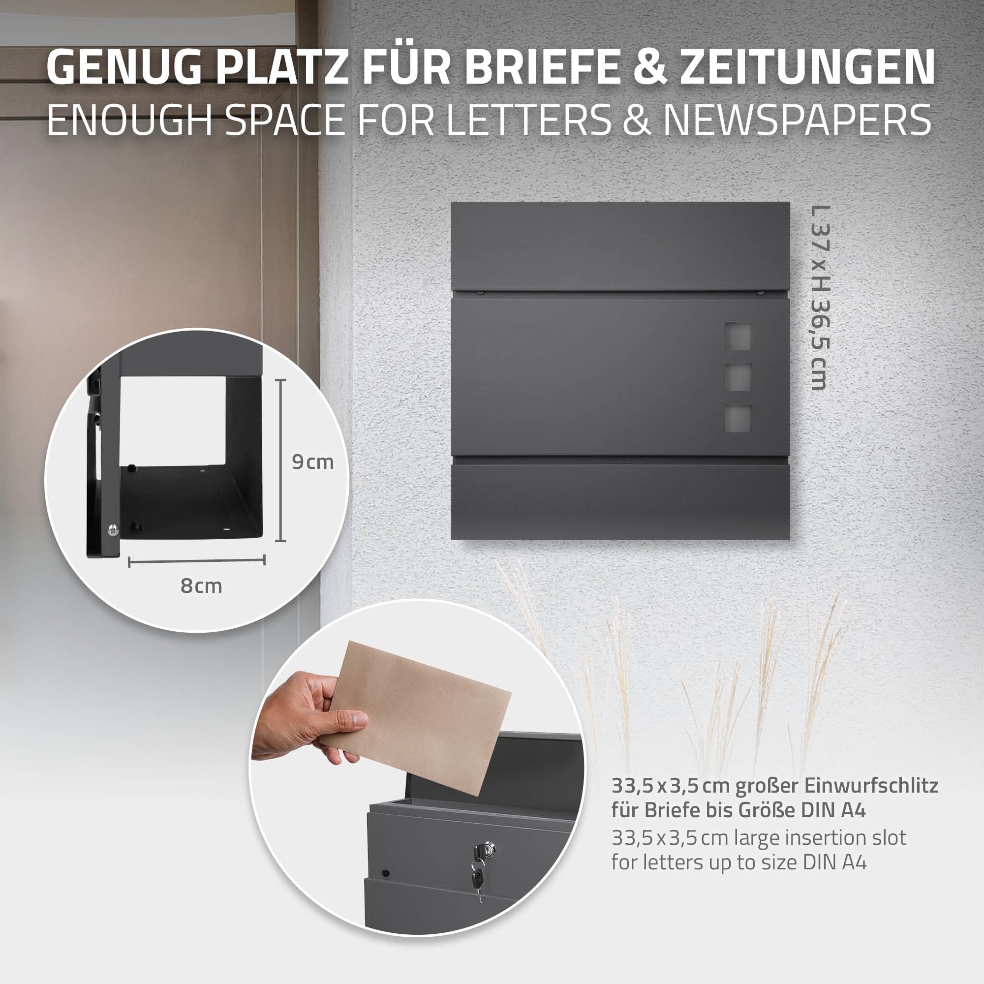 ECD Germany Buzón de Acero Inoxidable Exterior con Soporte Poste 120cm Casillero Antracita 37x10,5x36,5cm, Moderno con Compartimento para Periódicos, Placa de Identificación Cerradura con Llave