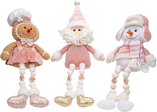 Decoración de muñecas de Navidad rosadas, 3 piezas de hombre de jengibre rosa, muñeco de nieve, gnomo de Papá Noel, muñecas de felpa hechas a mano