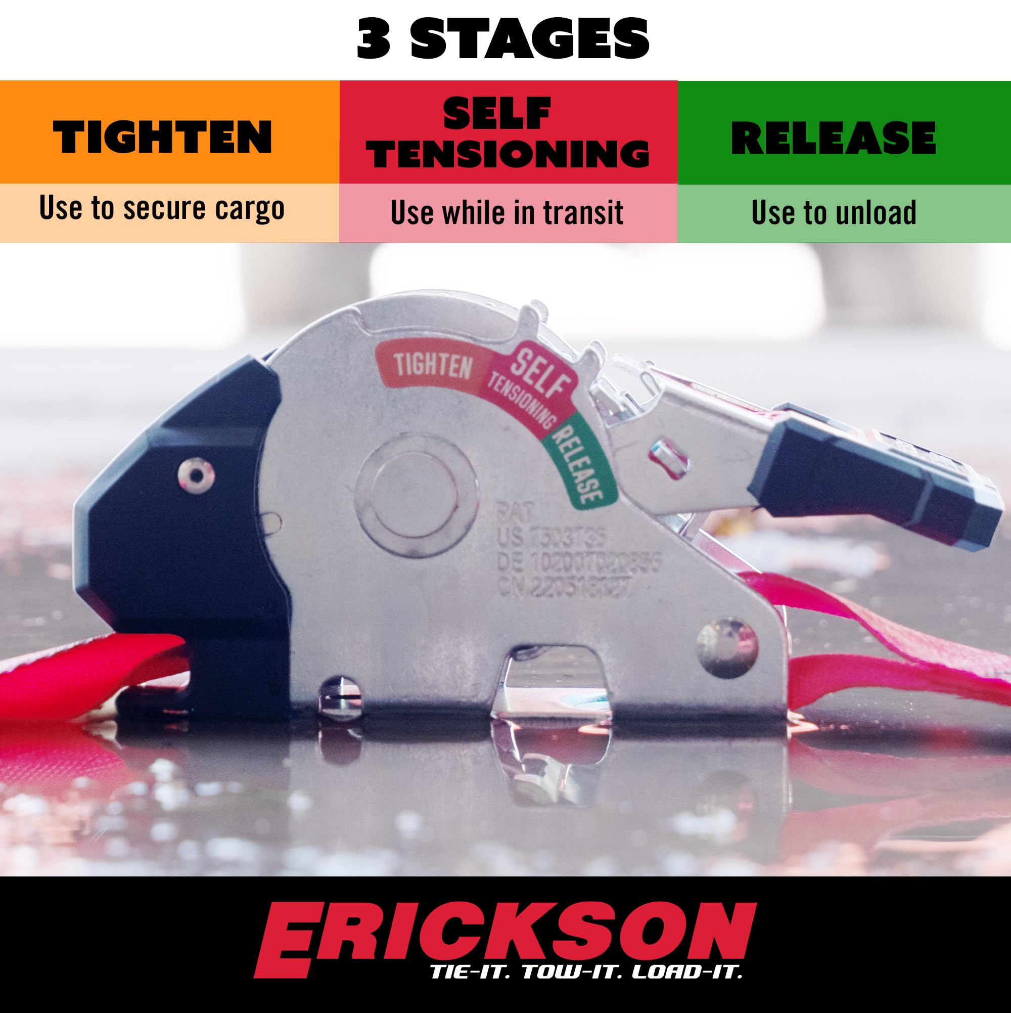 Erickson Sangle à cliquet rétractable auto-tendue 2,5 cm x 3 m, résistance à la rupture de 680,4 kg, conception de tension automatique, crochets en S avec bouton-pression de sécurité