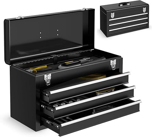 Goplus Caja de herramientas con 3 cajones, organizador portátil de 4 niveles de 20.5 pulgadas con bandeja de herramientas superior, bloqueo