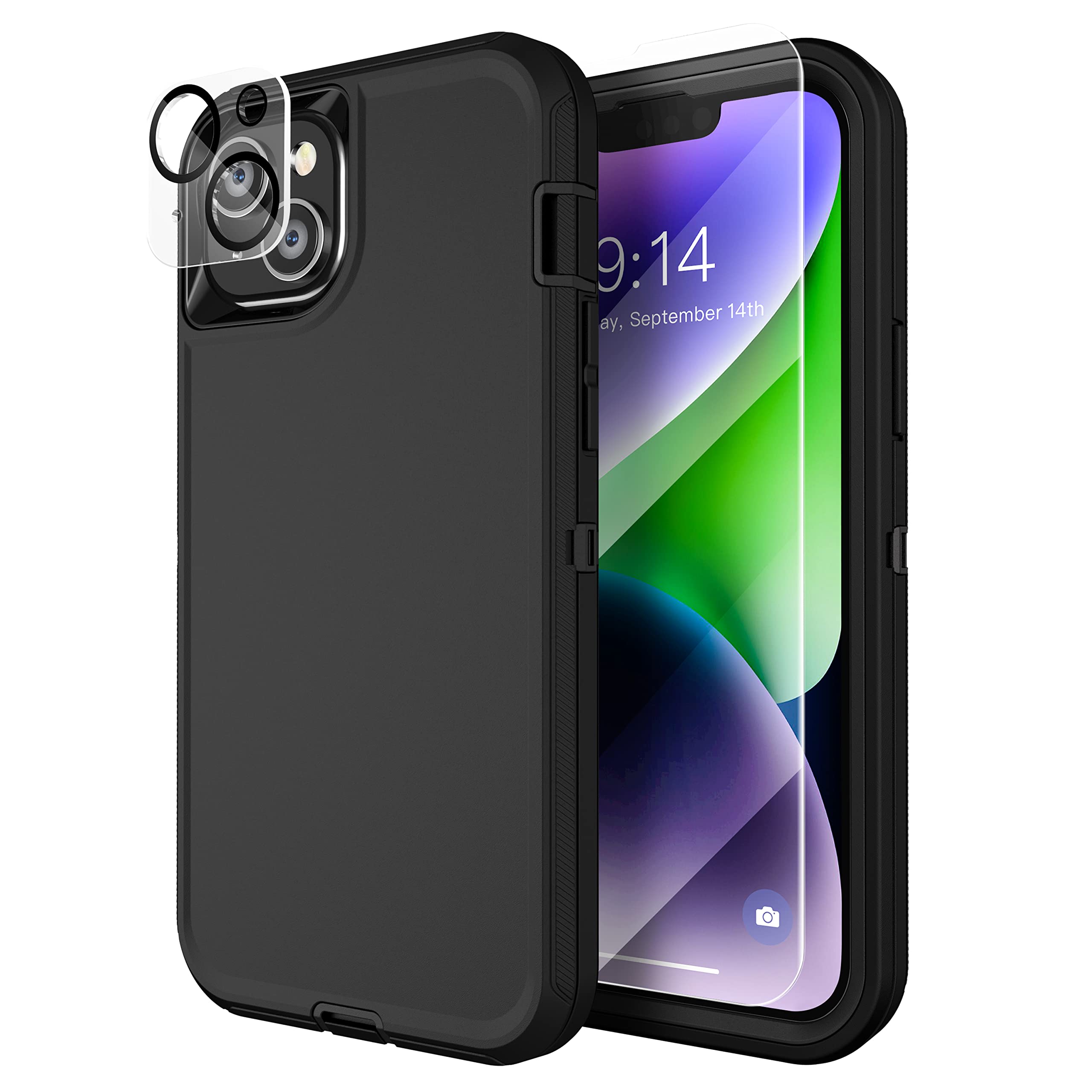 MXX Heavy Duty Made for iPhone 14 Plus Case with Tempered Glass Screen, Camera Lens Protector 3-Layer Full Body Protection - Shockproof Dustproof Cover for 14 Plus Phone Case 6.7" (Black)
