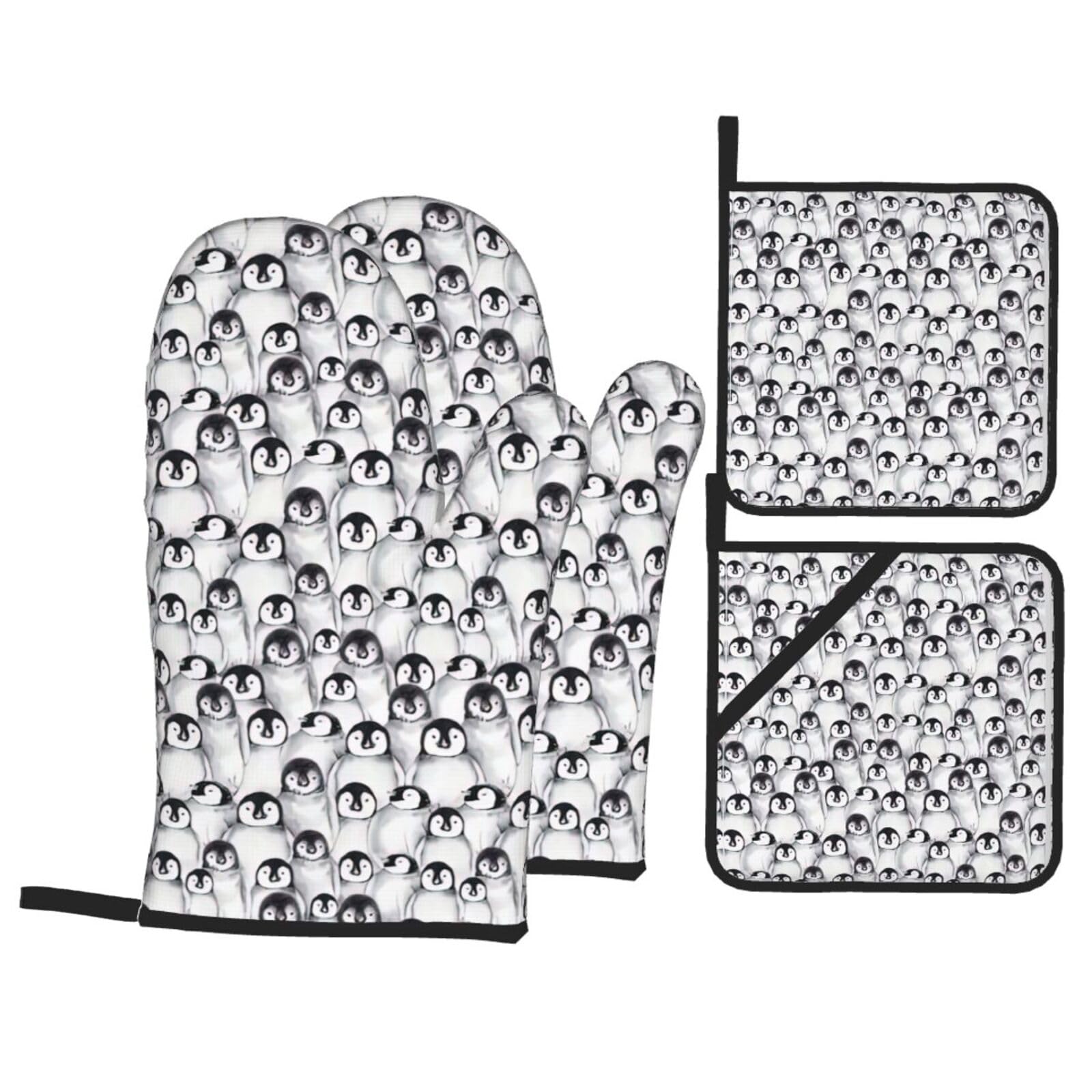 Cute Penguins Sketch Print Oven Microwaving Waterproof Kitchen Gloves for Baking Grilling Holiday Cooking