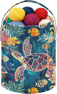 Fustylead Hand Draw Sea Turtle and Fish Coral Knitting Crochet Bag, Portable Large Yarn Storage Drawstring Basket Organizer for Crocheting Hooks, Project, Store Skein Ball, Short Knitting Needle