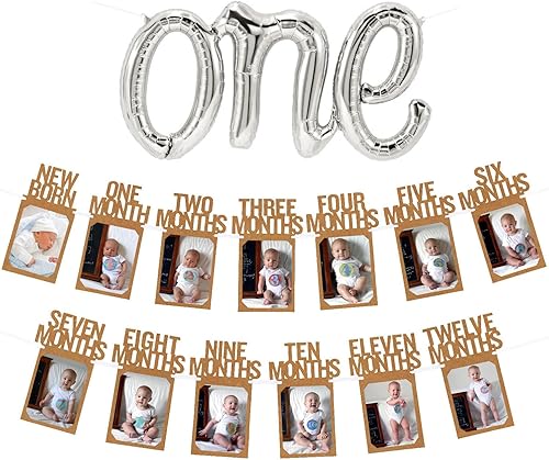 Pancartas de primer cumpleaños, pancarta de fotos de bebé, globo marrón de una letra para primer cumpleaños, suministros de fiesta de primer