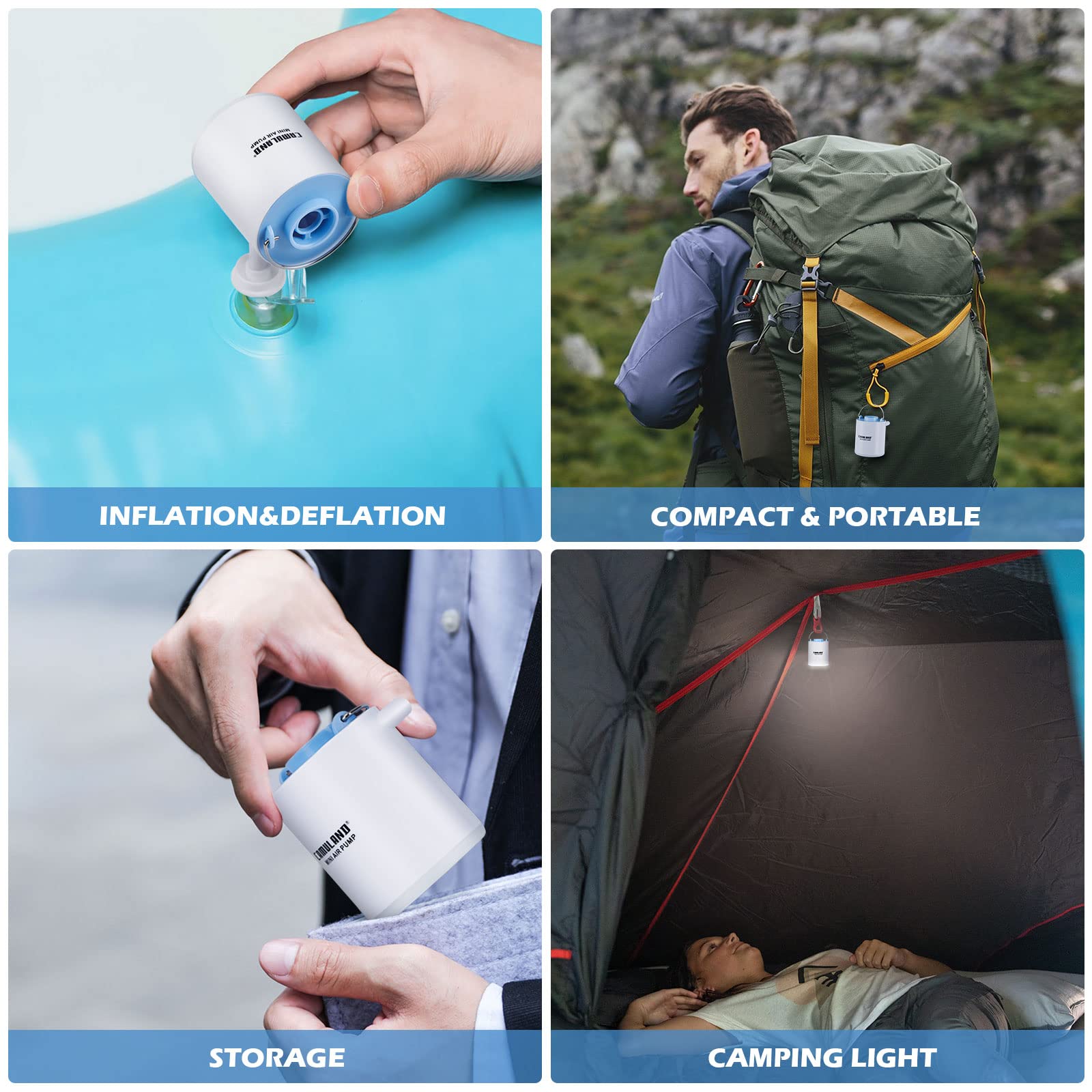 CAMULAND Mini Air Pump, Sleeping Pad Pump Portable Air Pump for Inflatable with 1300mAh Battery USB Rechargeable Camping Light 5 Nozzles for Air Mattress, Pool Floats,Vacuum Storage Bag Product Image 4