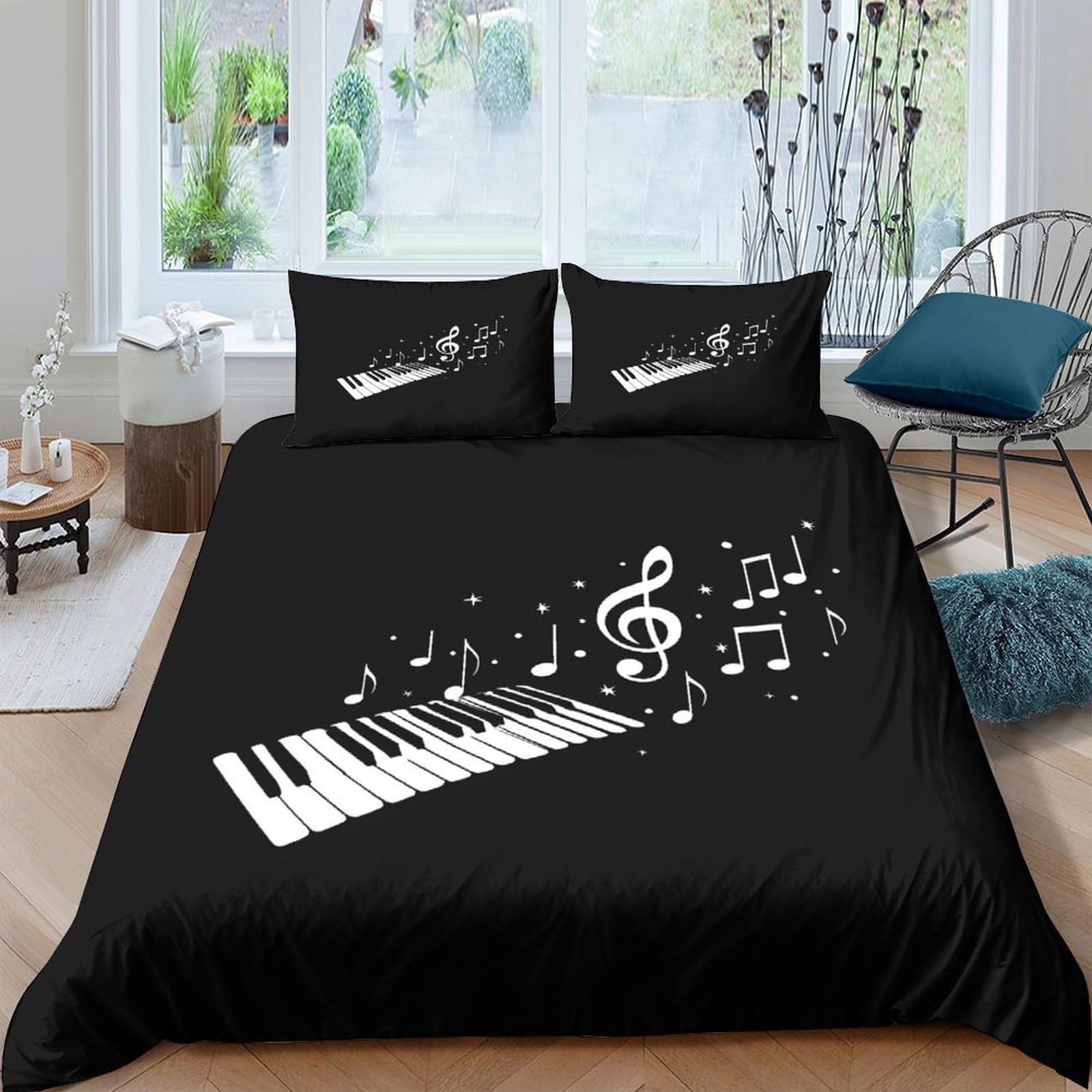 Ctjqhvkz Style-3 3D Printed Piano Keyboard Fitted Sheet Microfiber Black Musical Notes Bed Cover For Bedroom Guest Room Decor Easy Care Single（135X200cm）