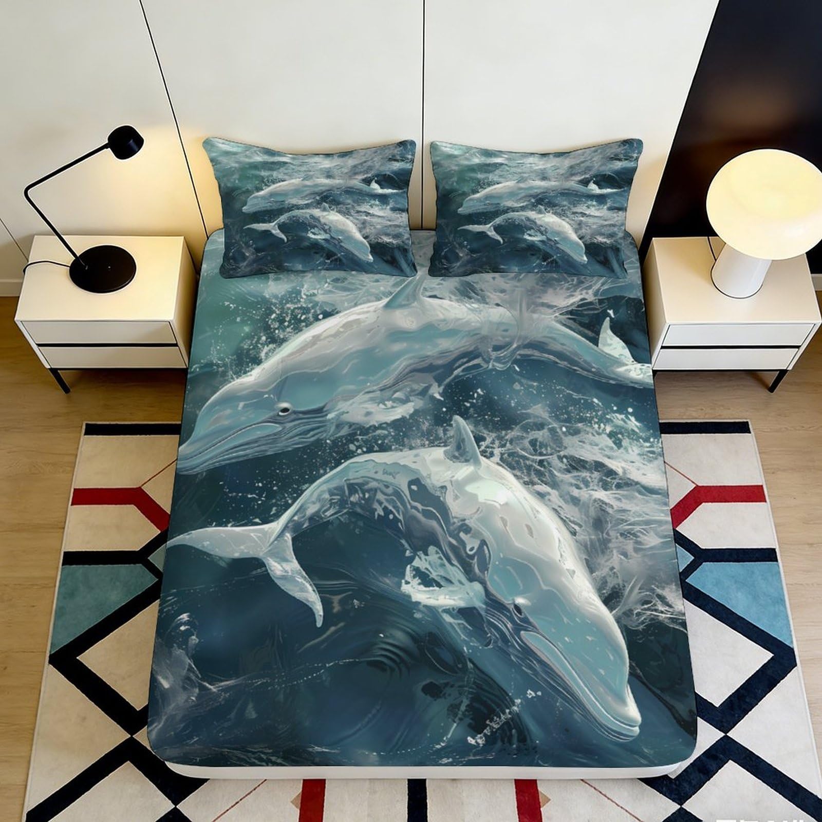 3D Printed Ocean Dolphin Fitted Sheet Microfiber Soft Mattress Cover for Bedroom Guest Room Decor Protection 90x200x25cm