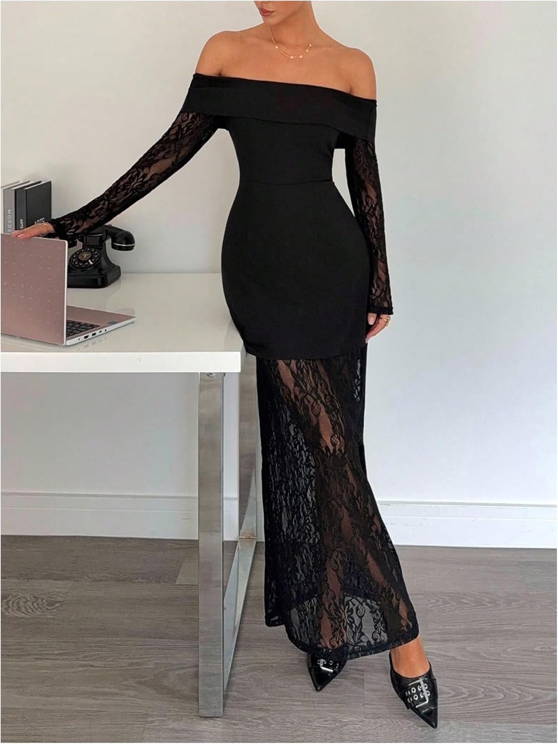 SOLY HUX Women's Off The Shoulder Lace Sheer Maxi Dress Long Sleeve Bodycon Cocktail Party Wedding Guest Long Dresses - Image 5