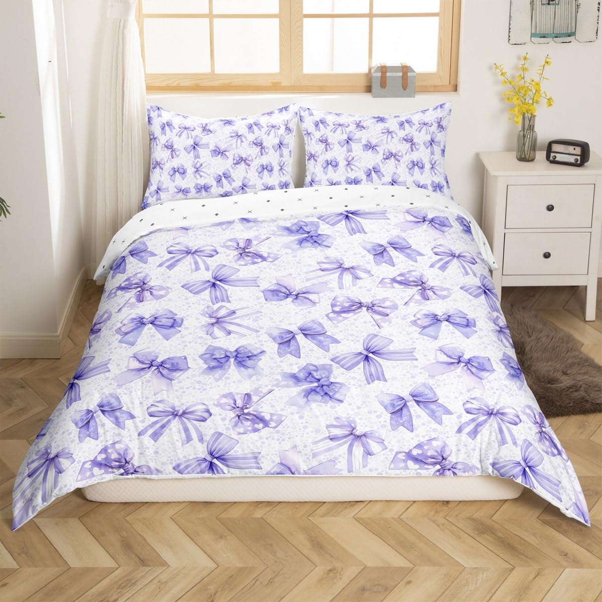 Feelyou Girls Cartoon Bowknot Decoration Girly Comforter Cover Toddler Size Purple Bow Tie Butterfly Knot Princess Bedding Set Watercolor Bow Patchwork Duvet Cover with 1 Pillowcase