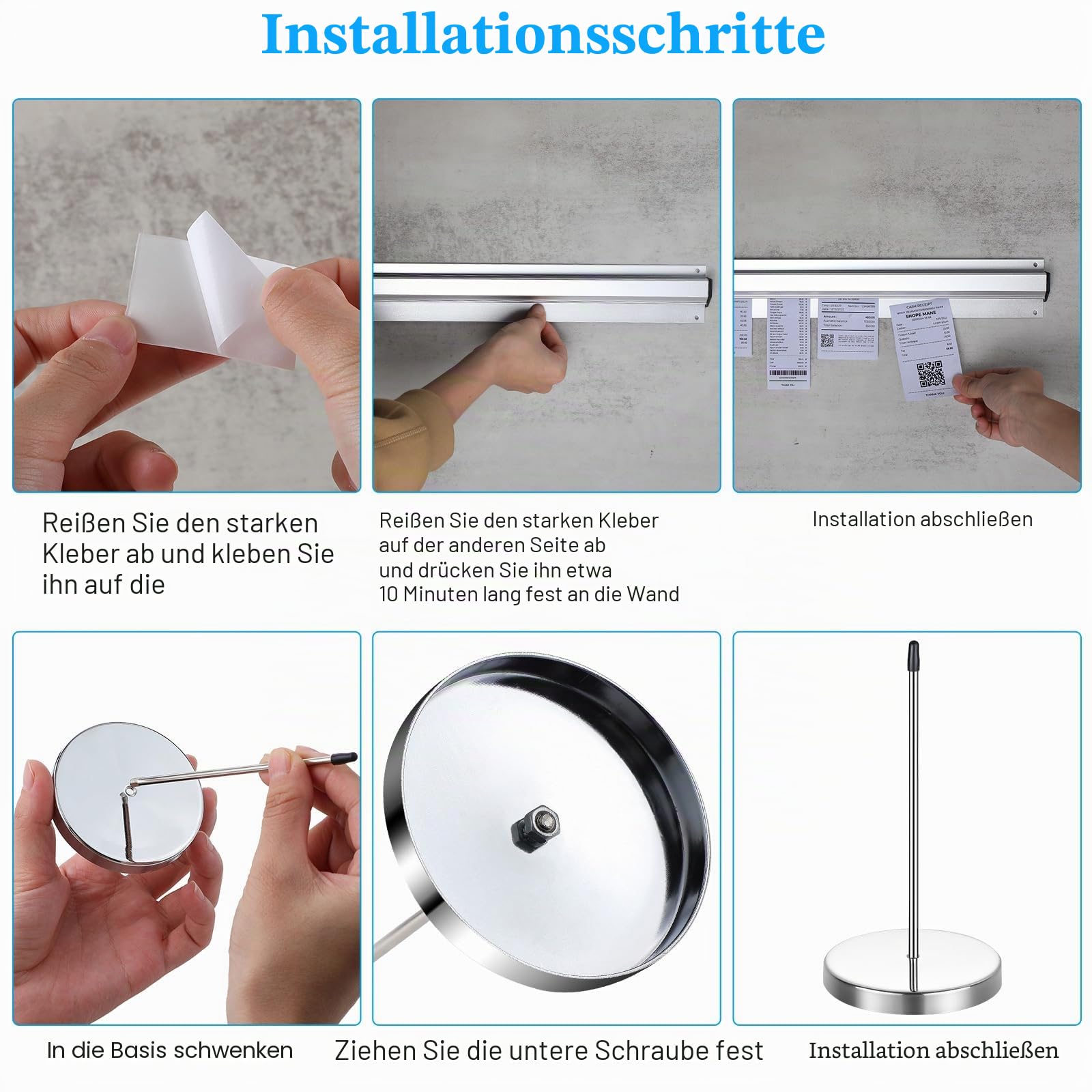 Photect 4 Stück Tickethalter Set für Restaurants inklusive 2 Edelstahl Beleghalter Zettelspießer und 2 Aluminium Schieberegalschiene für Restaurants Cafés Küchen (Silber, 15,8 x 2,3 Zoll)