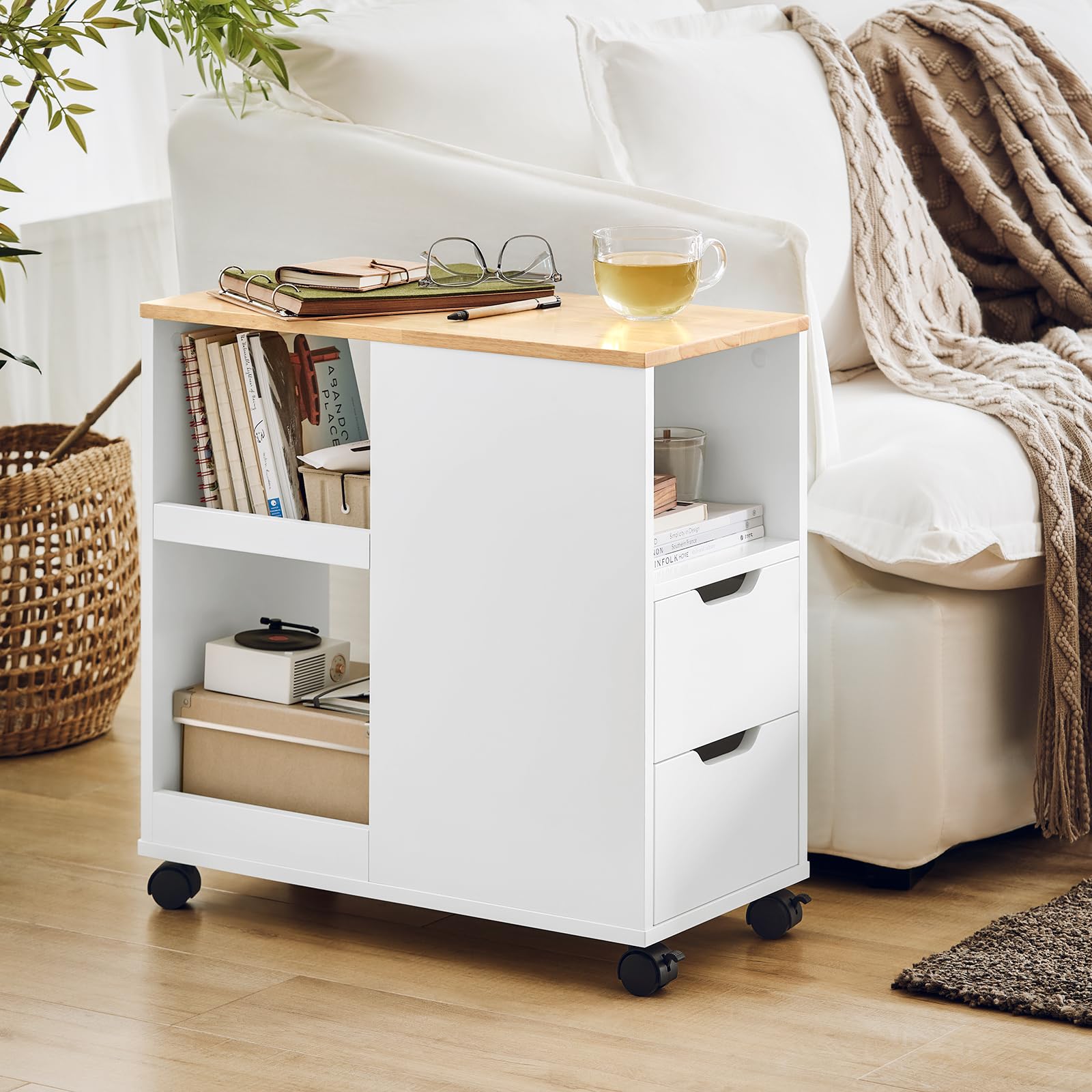 SoBuy Supporto per Stampante con Ruote – Mobiletto per Stampante con Cassetti e Vani, Tavolino Multifunzionale per Ufficio e Home Office, L60xP30xH60 cm, FBT130-WN