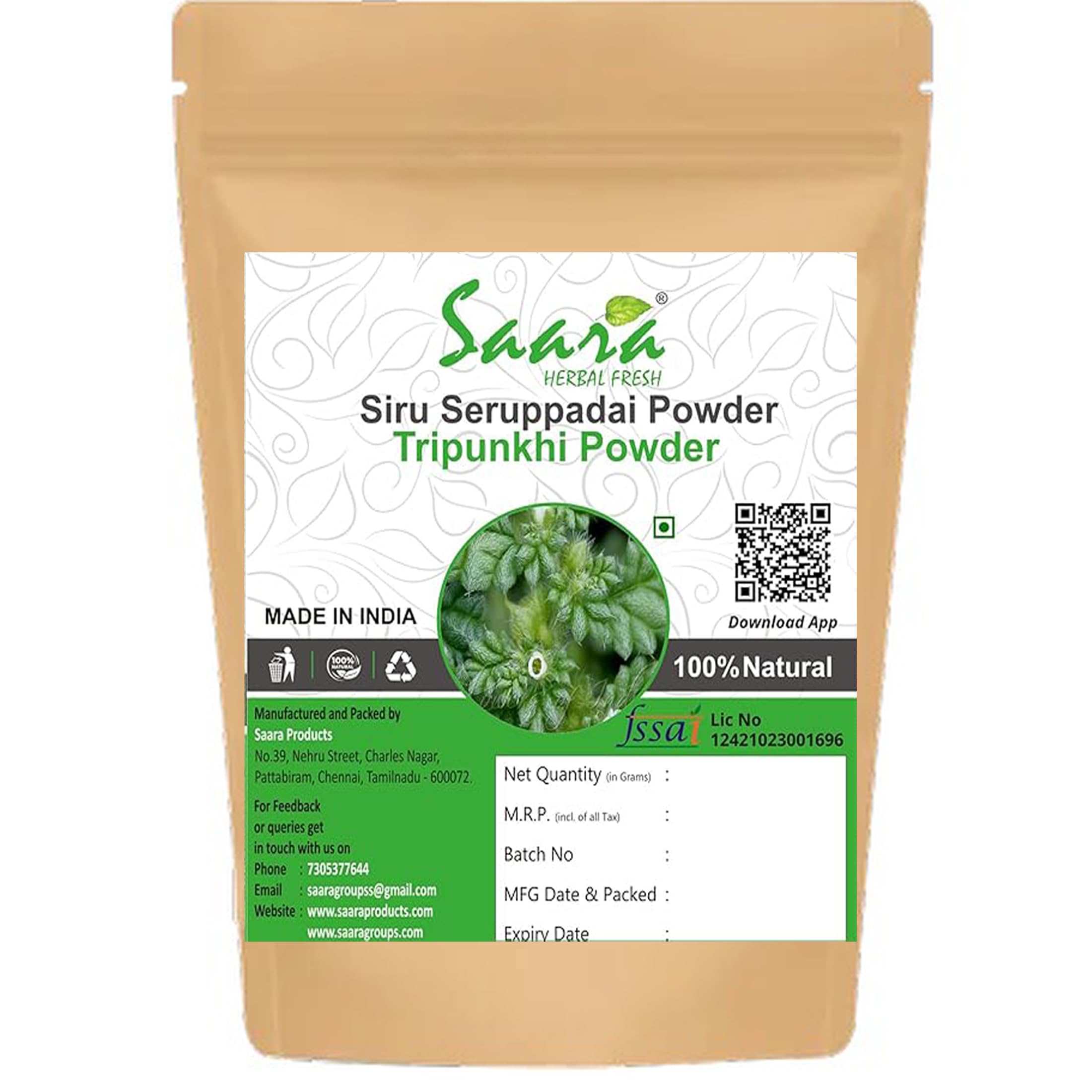 Saara HERBAL FRESH Siru Seruppadai Powder,70g, Seruppadai,Tripunkhi, Coldenia Procumbens Powder, Helps To Preventing Sneezing (Pack of 1 x 70g)-picture-22