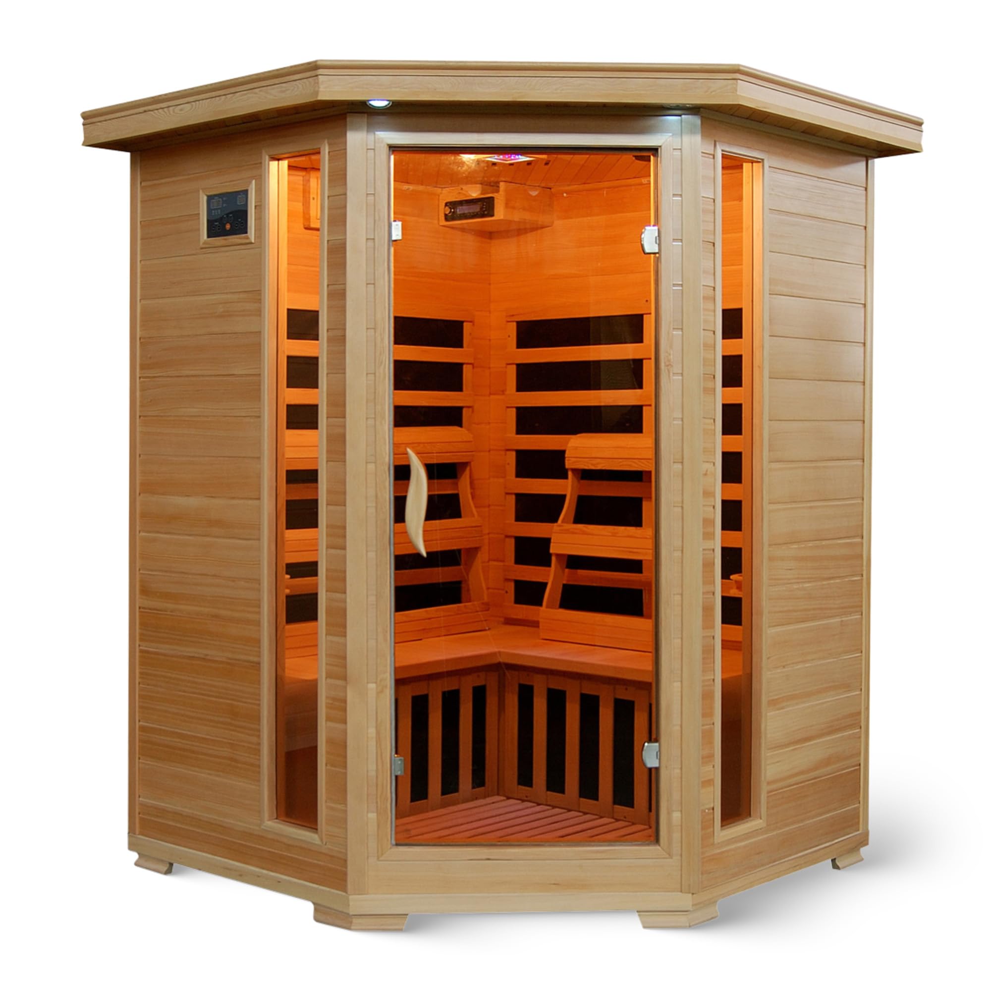 Blue Wave 3-Person Hemlock Corner Infrared Sauna w/ 7 Carbon Heaters,Brown