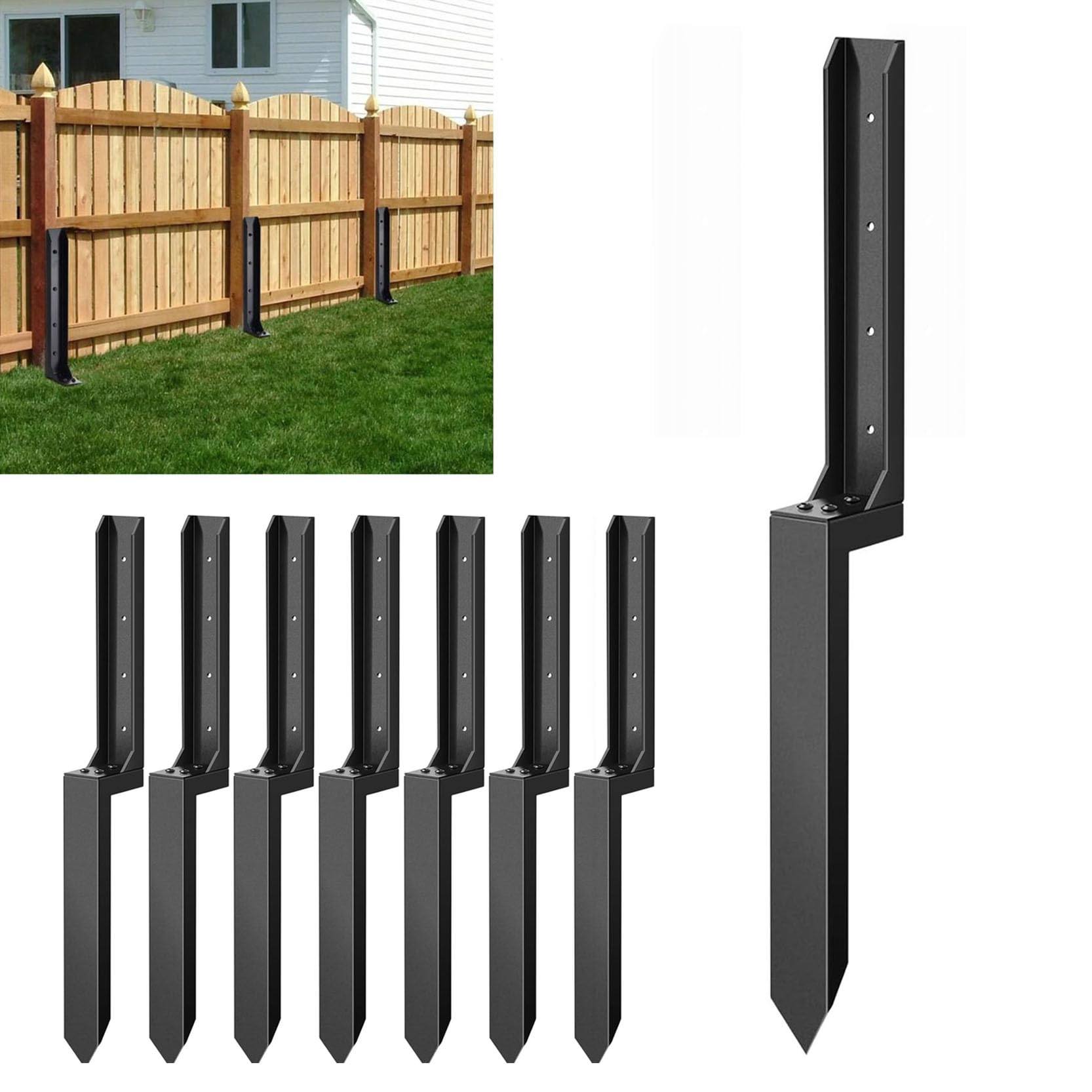 LQSYBHD Fence Post Repair Kit Heavy Duty Fence Post Anchor Ground Stake Fence Post Repair Stakes No Dig Drive-in Support for Tilted or Broken Wooden Fence Posts Black(Size:8pcs)