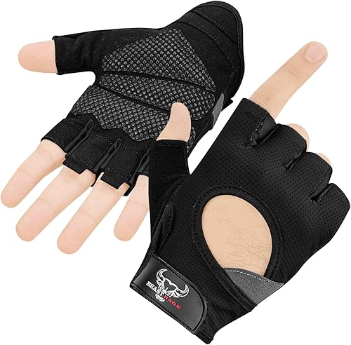 BEAST RAGE Guantes de levantamiento de pesas sin dedos con acolchado de protección de palma, guantes de gimnasio ligeros y transpirables para