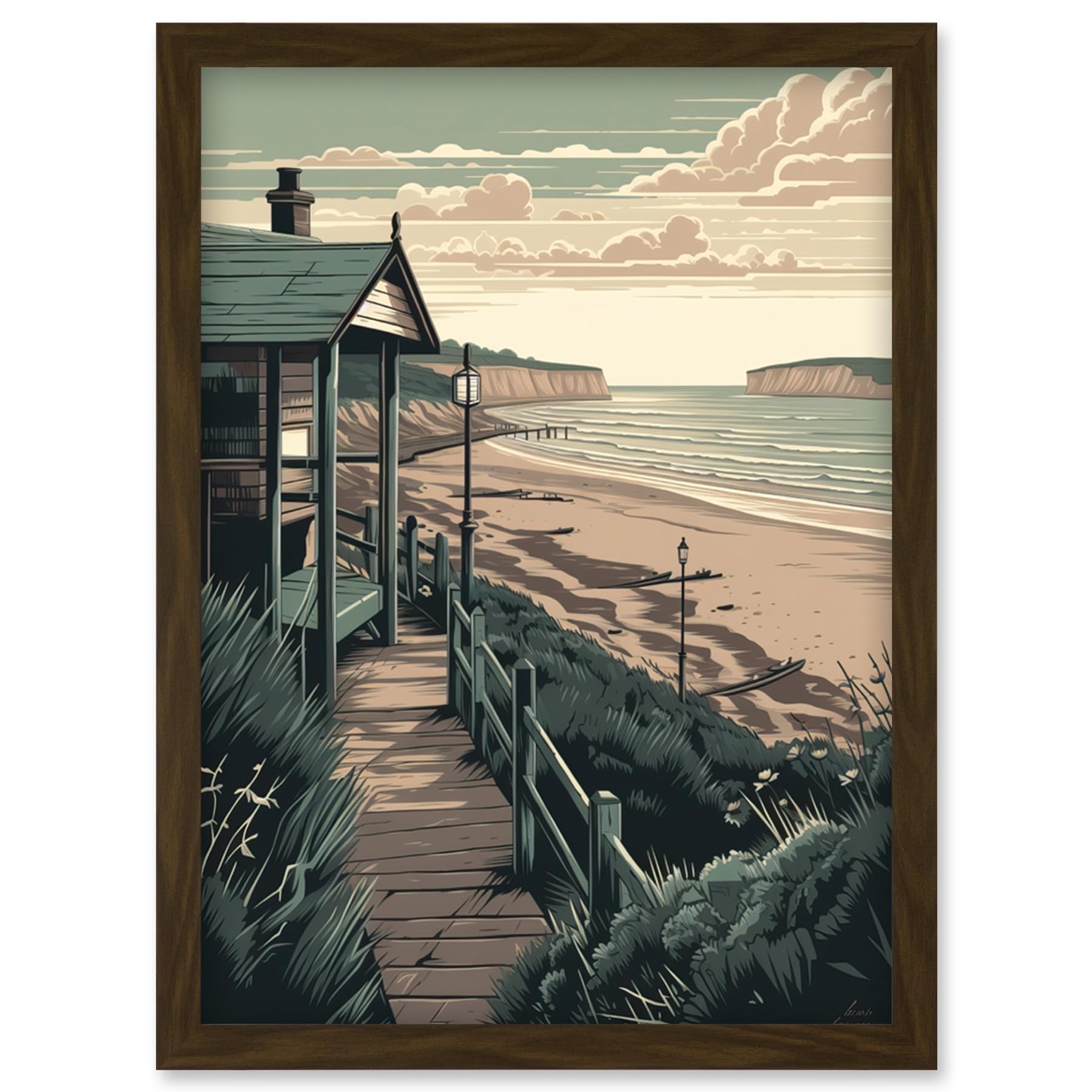 Framed Wall Art Print A4 - Summer Beach House Coastal Landscape Illustration - Artery8