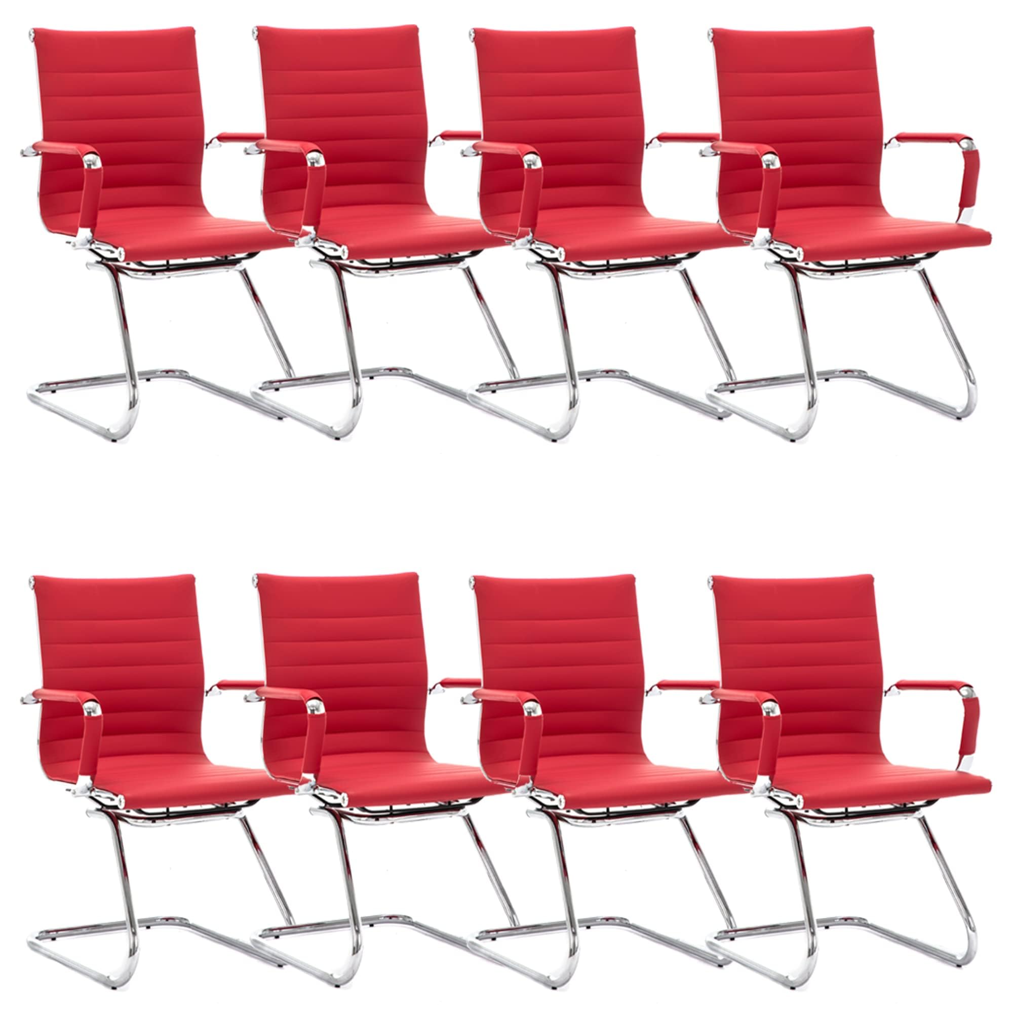 Office Desk Chair Set of 8,No Wheels PU Leather Computer Chairs Mid Back Guest Chairs with Seld Base for School/Reception/Conference/Waiting Room,Burgundy Red