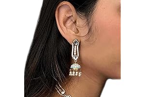 Kundan & Blue Jhumki Handmade Indian Earrings with White Pearl Accents