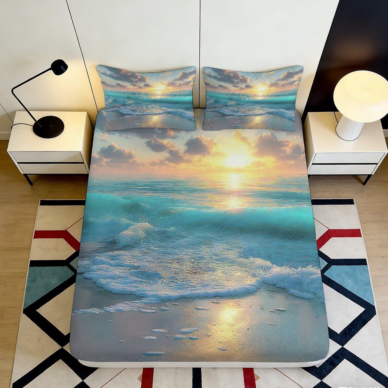 3D Printed Ocean Sunset Fitted Sheet Microfiber Soft Breathable Beach Wave Mattress Cover Bedroom Decor 90x200x25cm